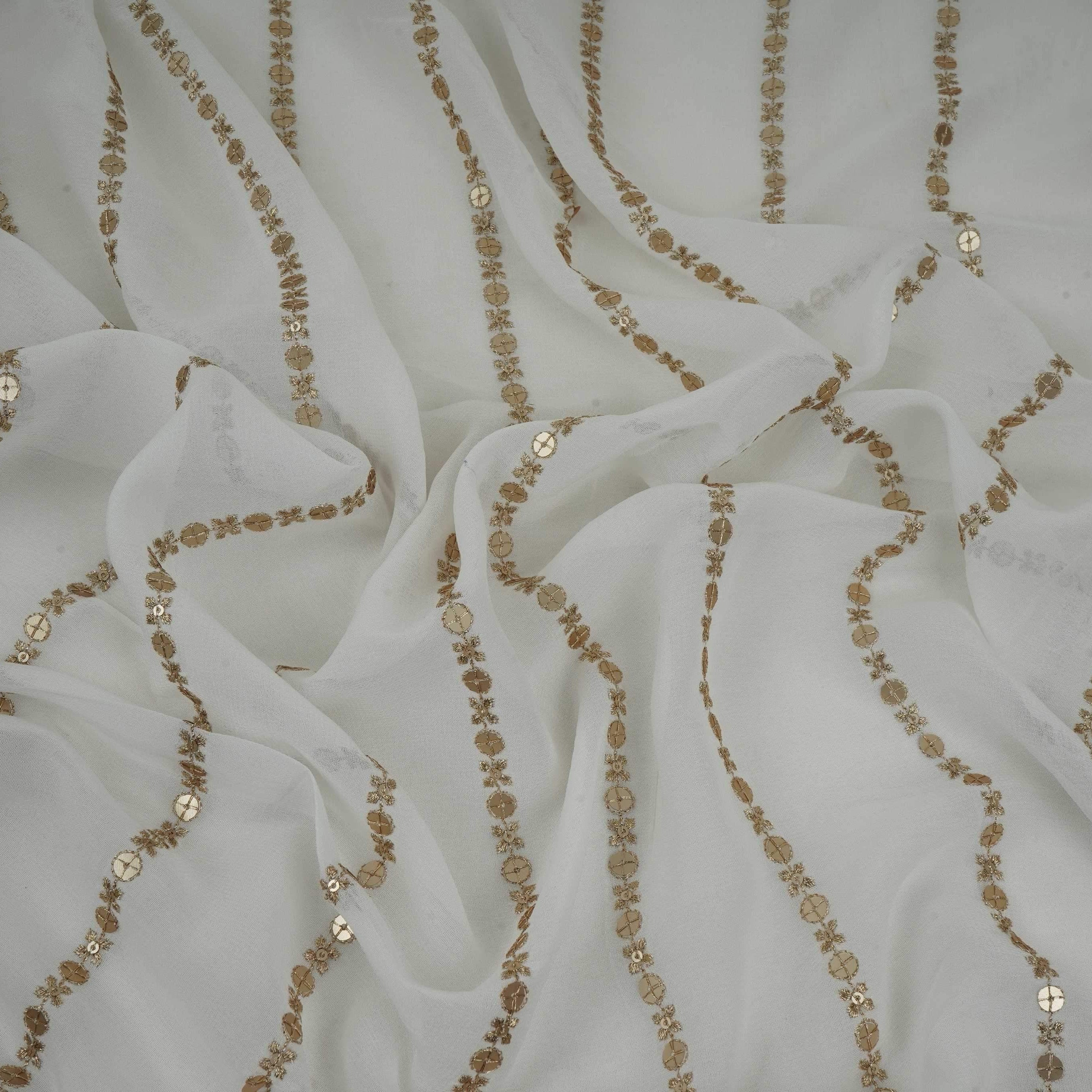 White Dyeable Zari Stripes With Sequins Embroidery Georgette Fabric DR-32372 - TradeUNO