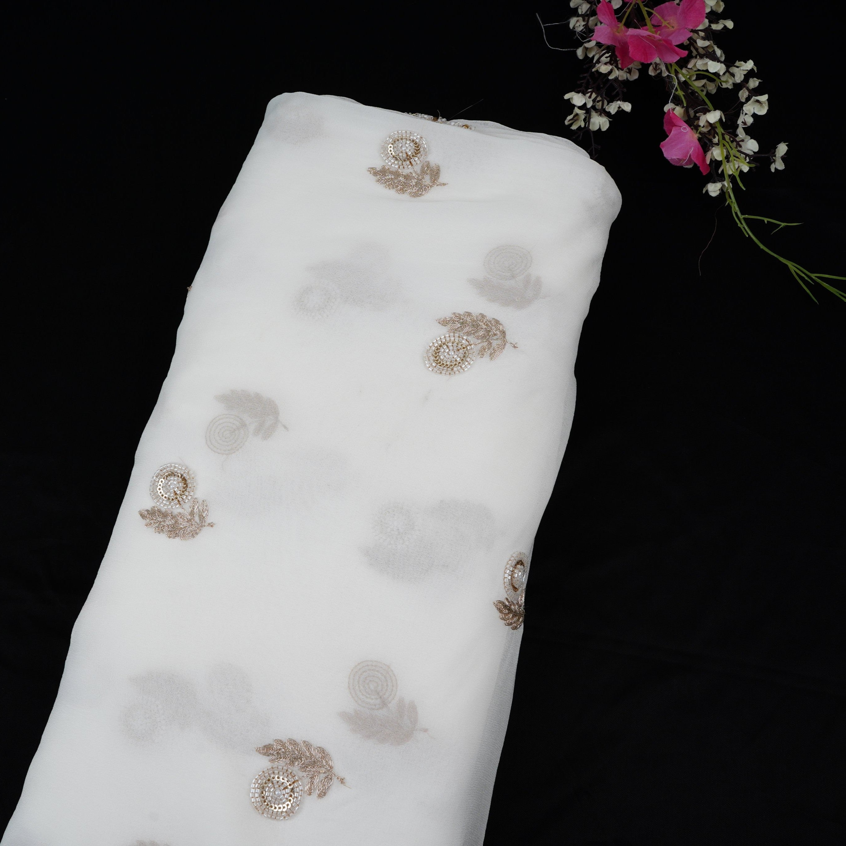 White Dyeable Cutdana Floral Zari Embroidery Georgette Fabric GTS-32032