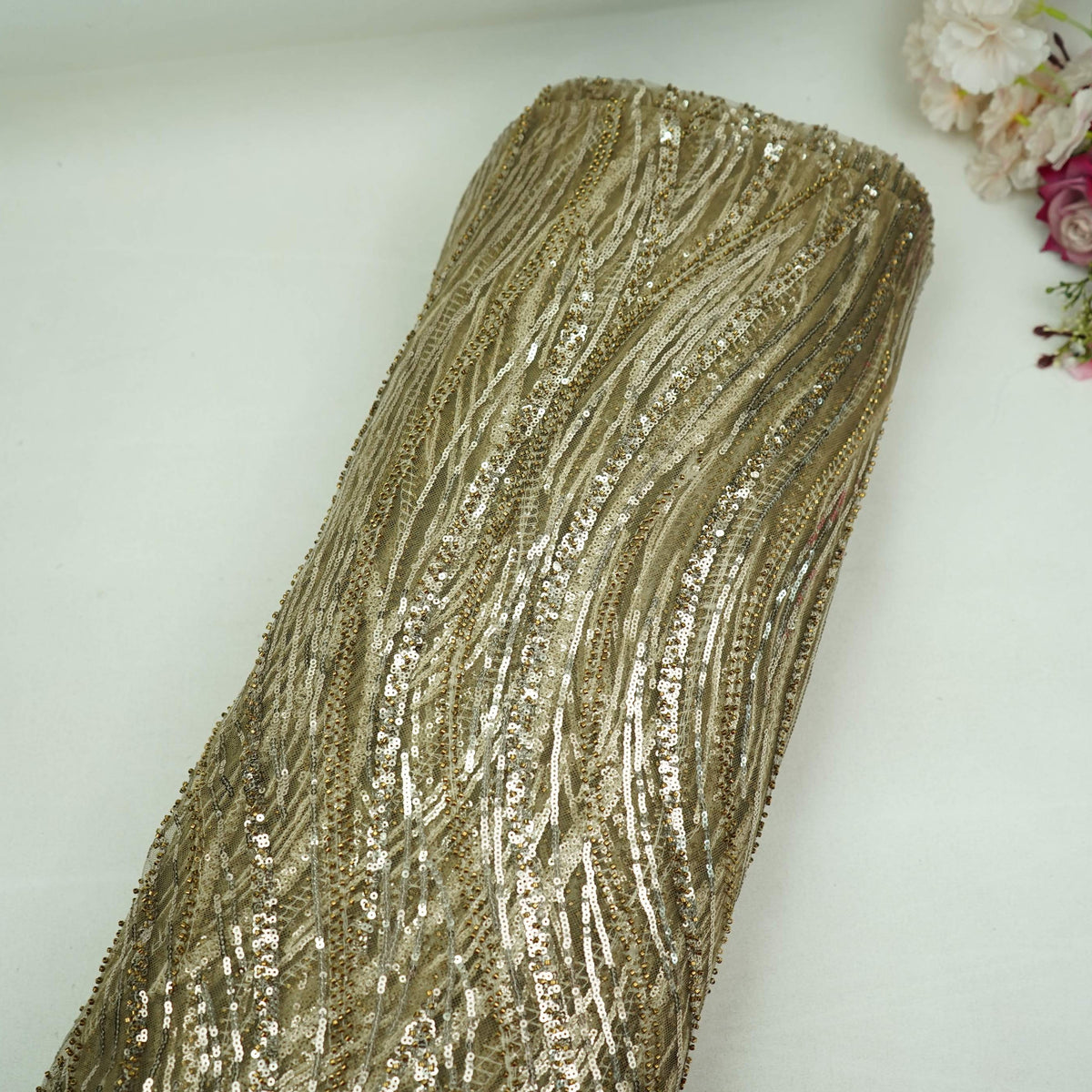Golden Heavy Cutdana Embroidery Imported Net Fabric DV-35429