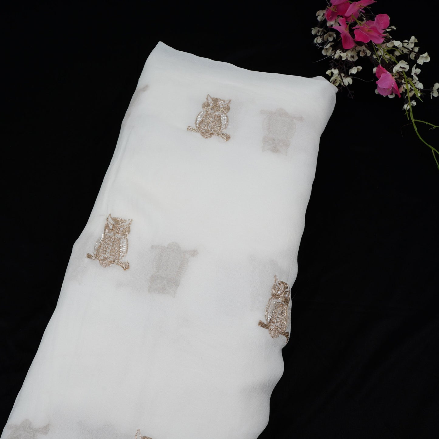 White Dyeable Cutdana Owl Embroidery Georgette Fabric GTS-32030