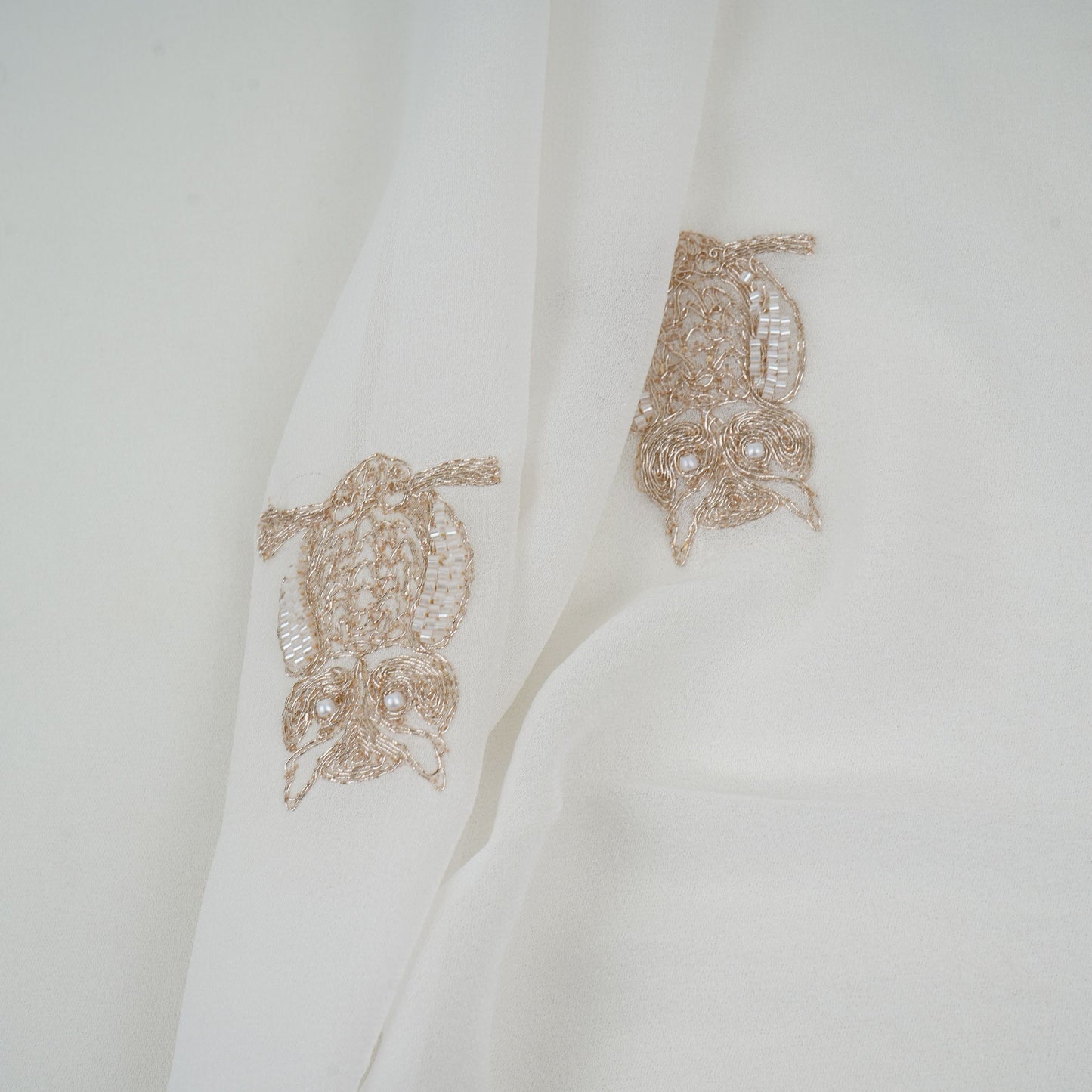 White Dyeable Cutdana Owl Embroidery Georgette Fabric GTS-32030