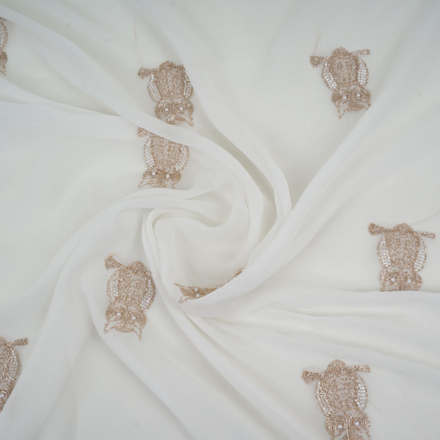 White Dyeable Cutdana Owl Embroidery Georgette Fabric GTS-32030