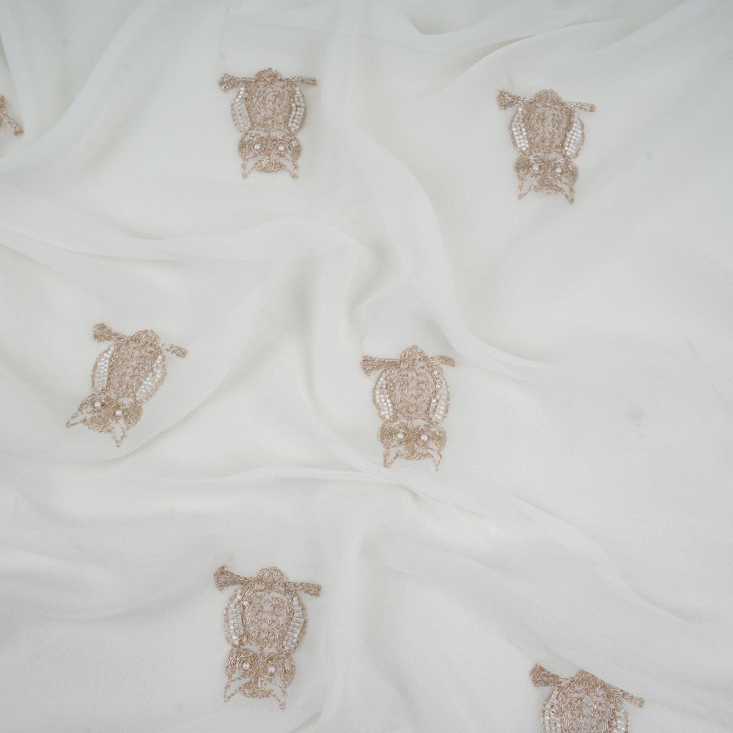 White Dyeable Cutdana Owl Embroidery Georgette Fabric GTS-32030
