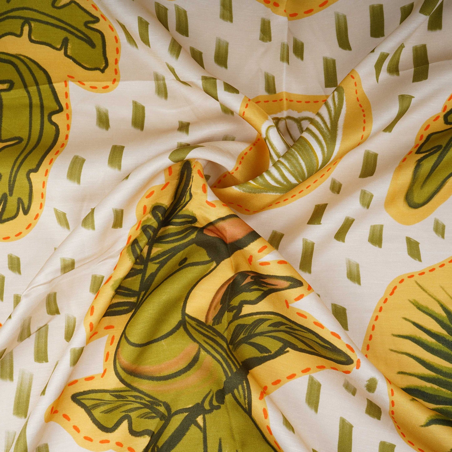 Cream Abstract Print Satin Linen Fabric MT-30989