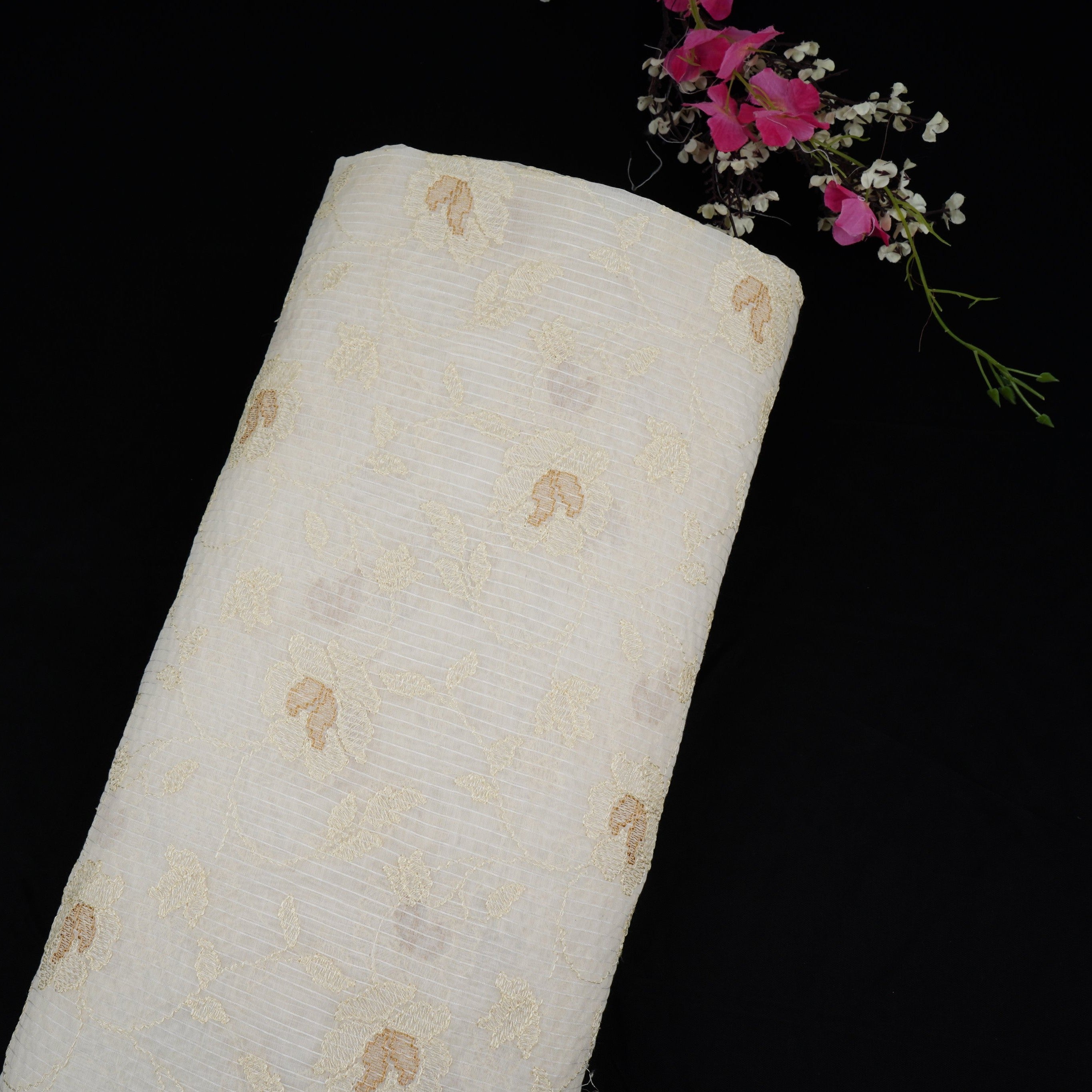 Off White Stripes with floral thread embroidery Mul Chanderi Fabric ACF-32084