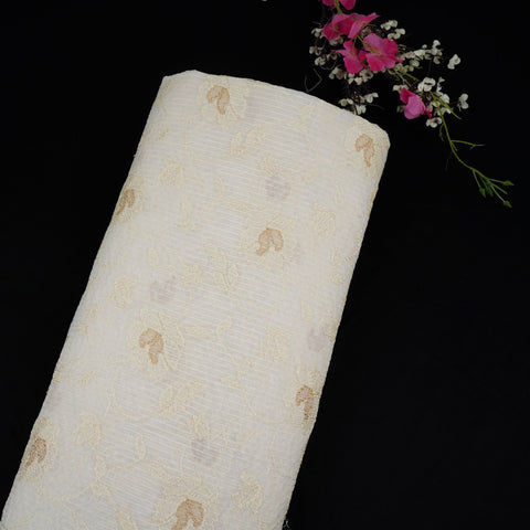 Off White Stripes with floral thread embroidery Mul Chanderi Fabric ACF-32084