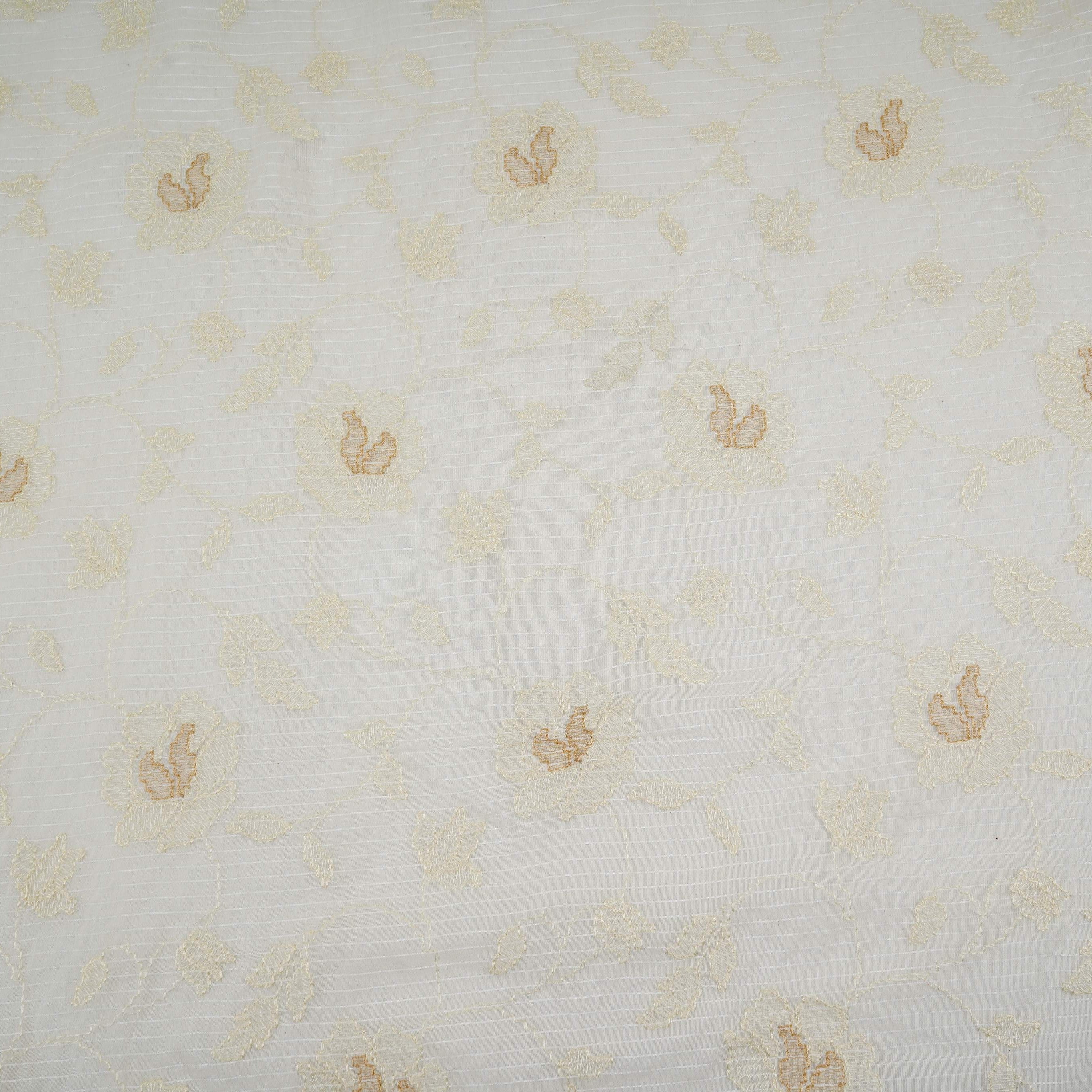 Off White Stripes with floral thread embroidery Mul Chanderi Fabric ACF-32084