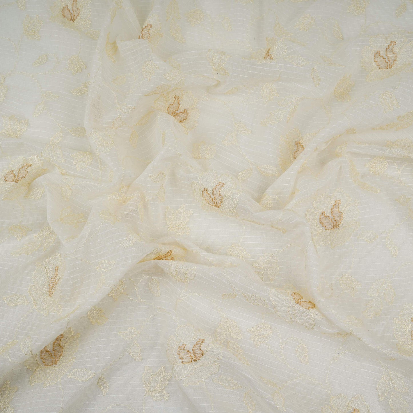 Off White Stripes with floral thread embroidery Mul Chanderi Fabric ACF-32084