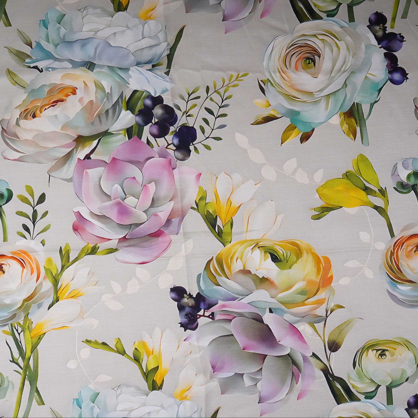 Light Silver Grey Floral Print Satin Linen Fabric MT-30984