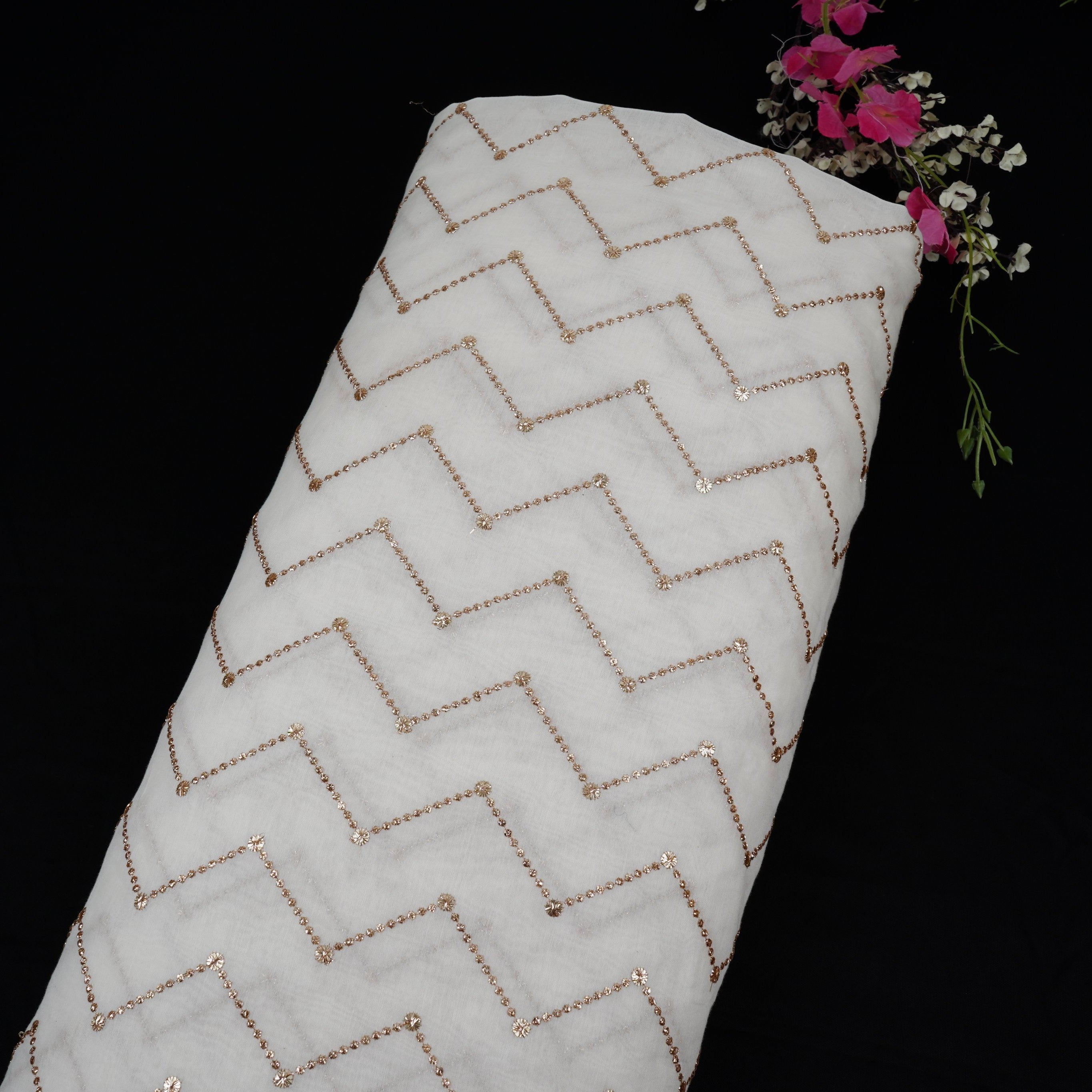 Off White Dyeable Chevron embroidery Mul Chanderi Fabric VF-32048