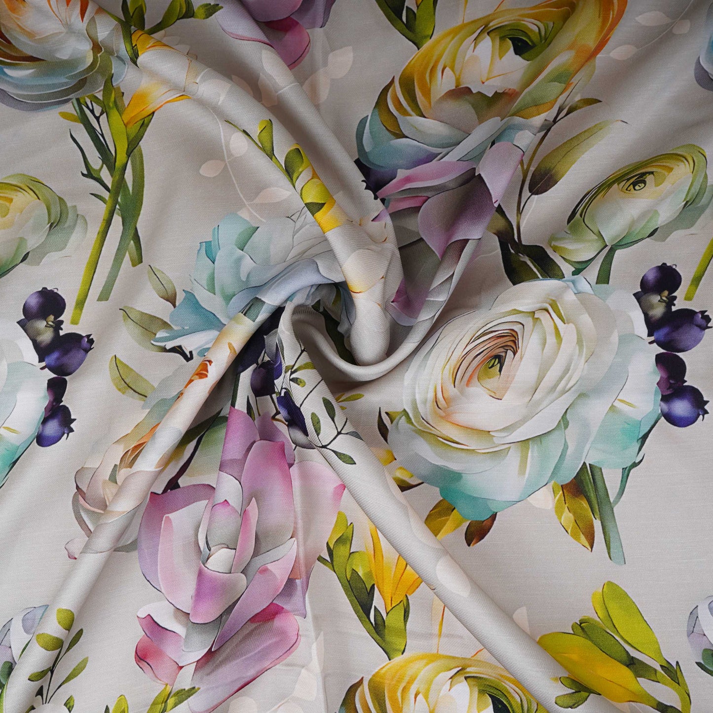 Light Silver Grey Floral Print Satin Linen Fabric MT-30984