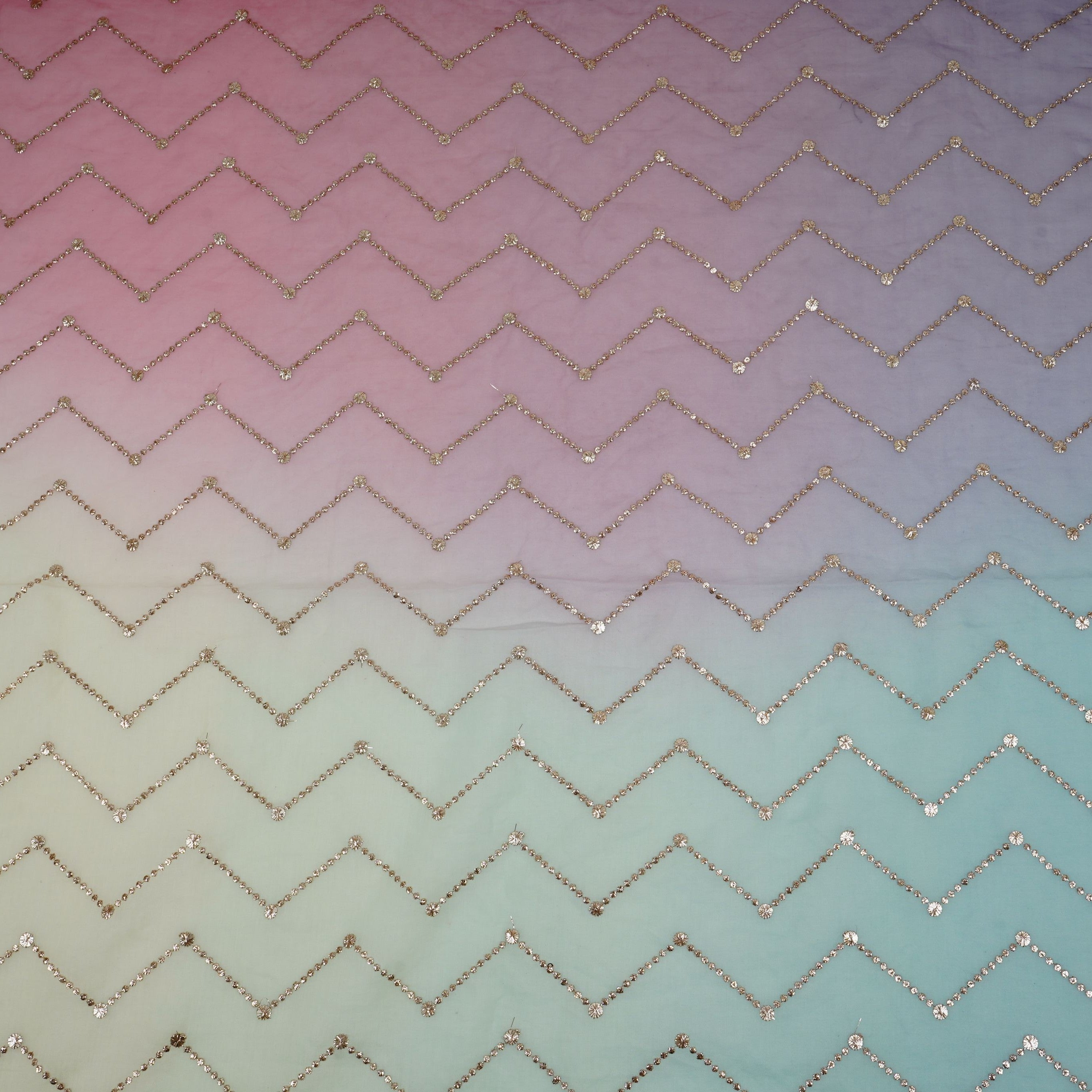 Green with Sky Blue 4D Chevron embroidery Mul Chanderi Fabric VF-32052