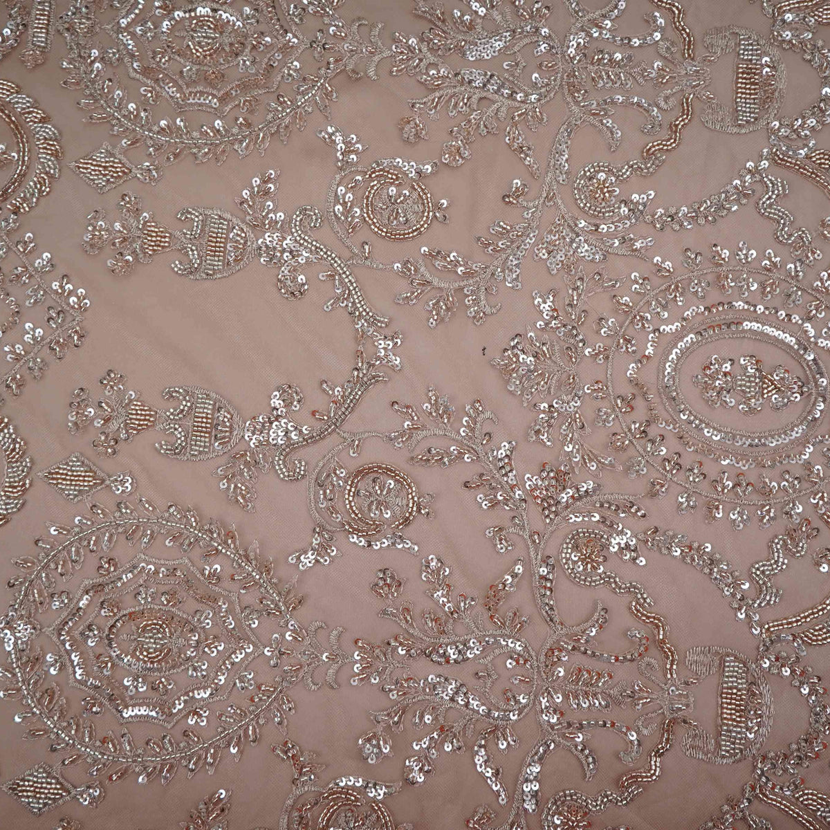 Golden Floral Cutdana Embroidery Imported Net Fabric DV-35426