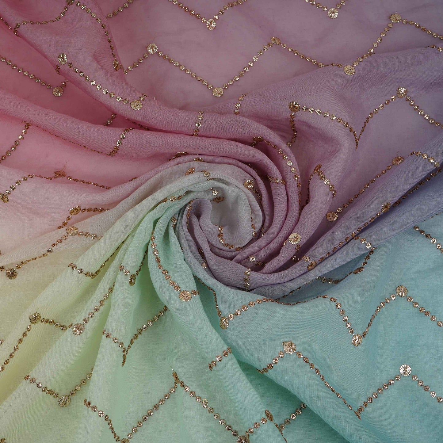 Green with Sky Blue 4D Chevron embroidery Mul Chanderi Fabric VF-32052