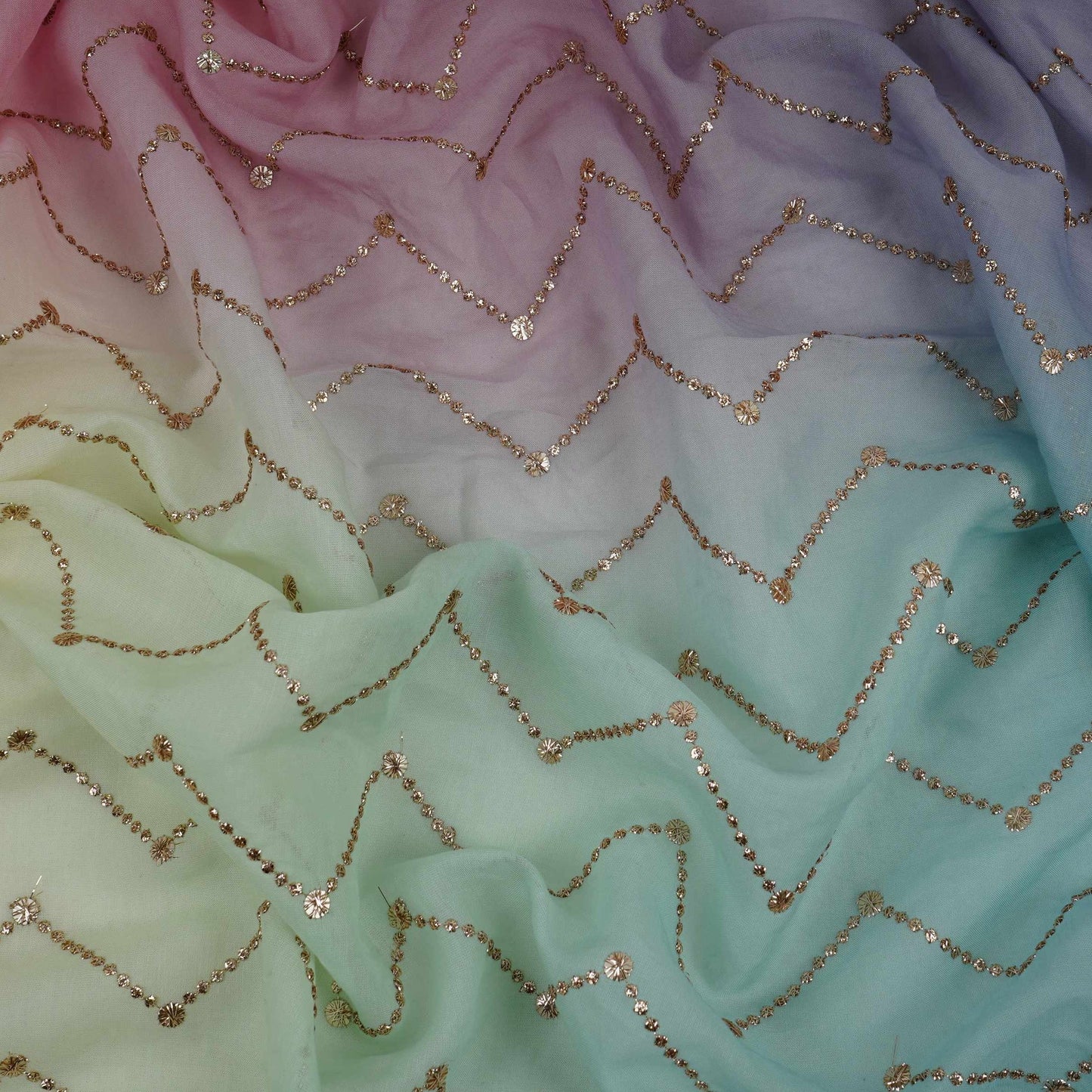 Green with Sky Blue 4D Chevron embroidery Mul Chanderi Fabric VF-32052