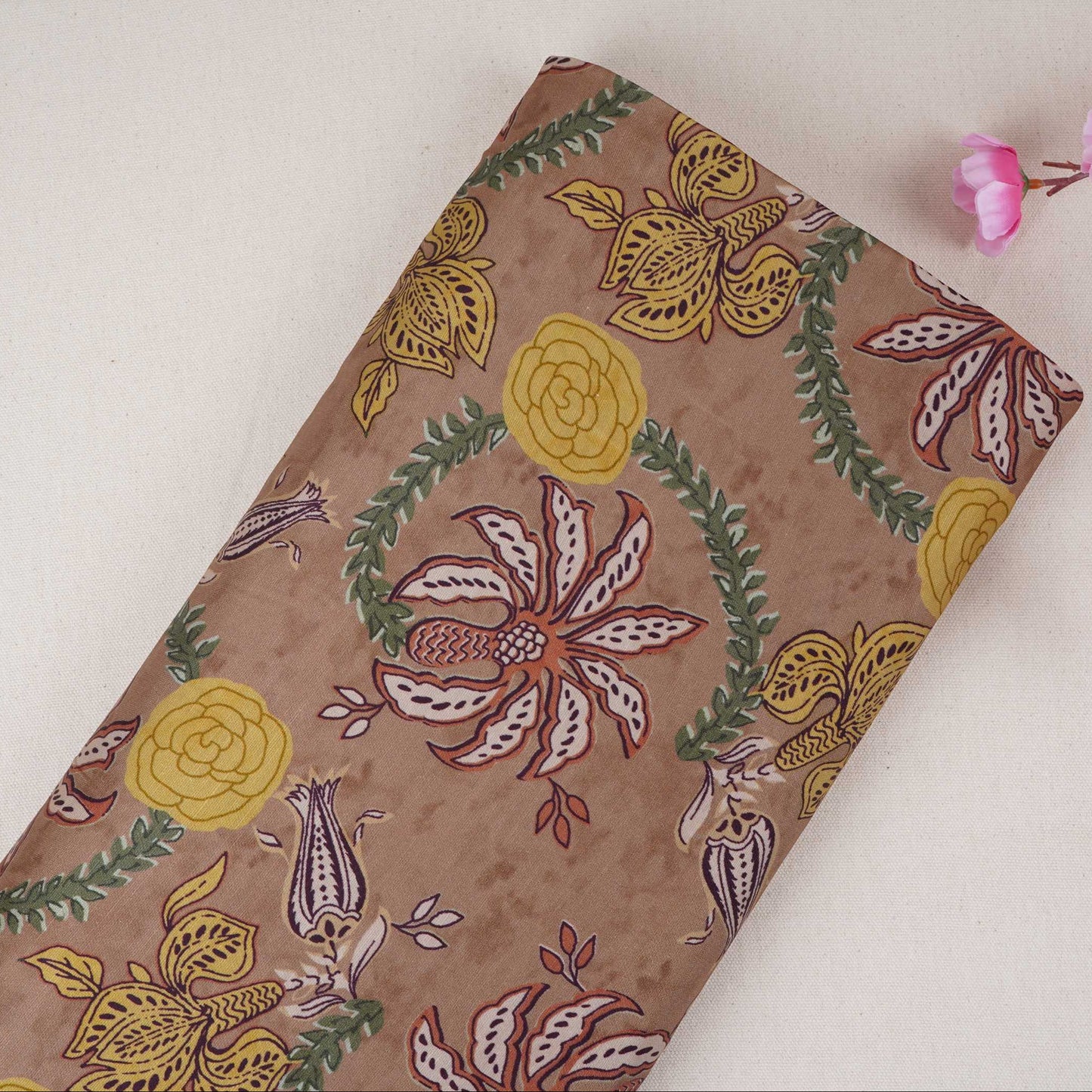 Brown Floral Print Satin Linen Fabric MT-30991