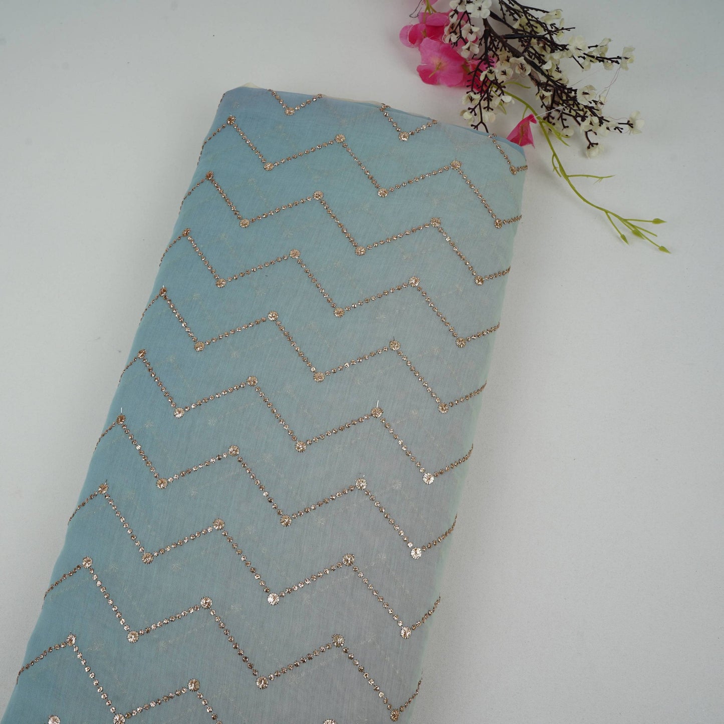 Green with Sky Blue 4D Chevron embroidery Mul Chanderi Fabric VF-32052