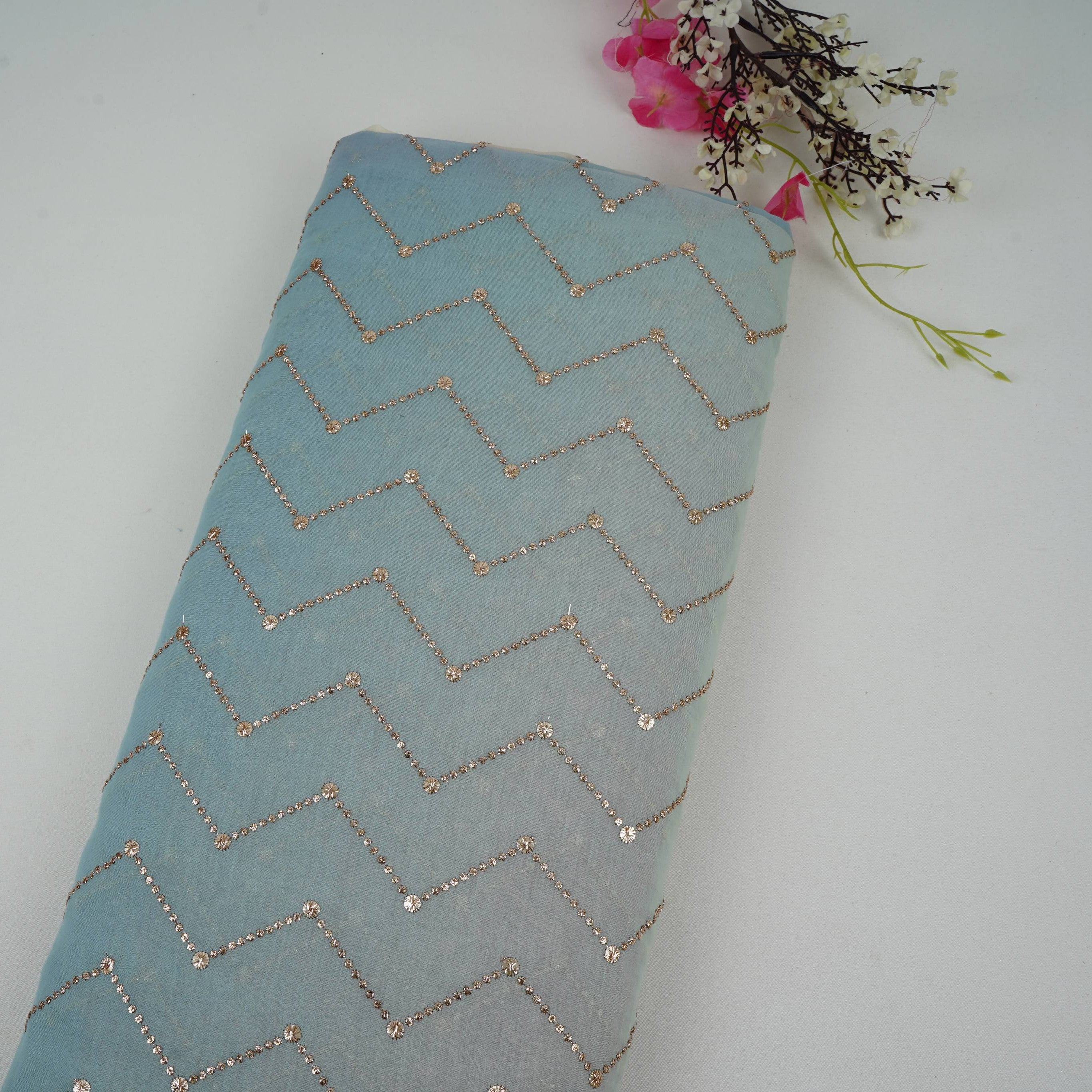 Green with Sky Blue 4D Chevron embroidery Mul Chanderi Fabric VF-32052