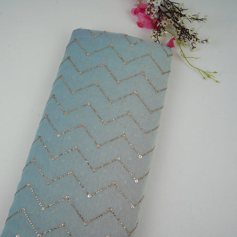 Green with Sky Blue 4D Chevron embroidery Mul Chanderi Fabric VF-32052