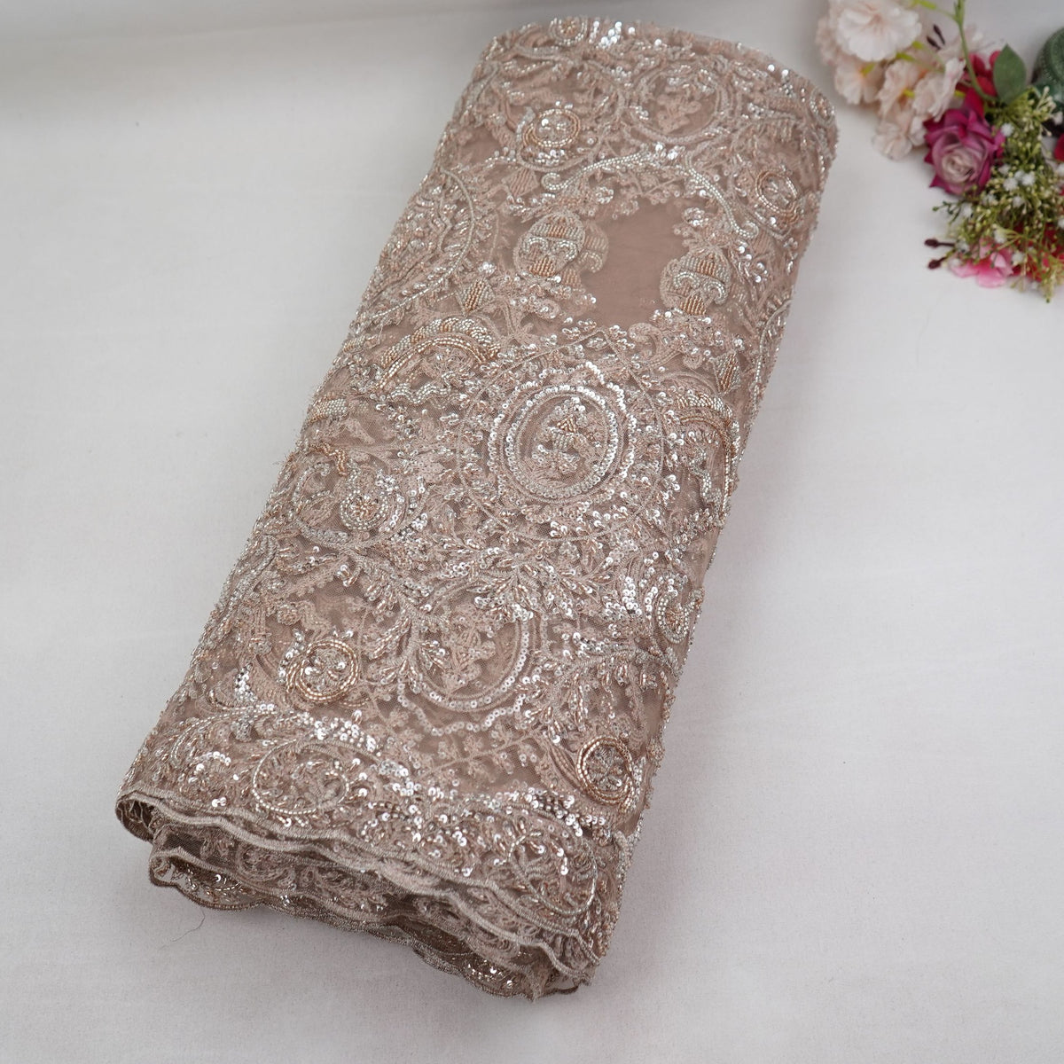 Golden Floral Cutdana Embroidery Imported Net Fabric DV-35426