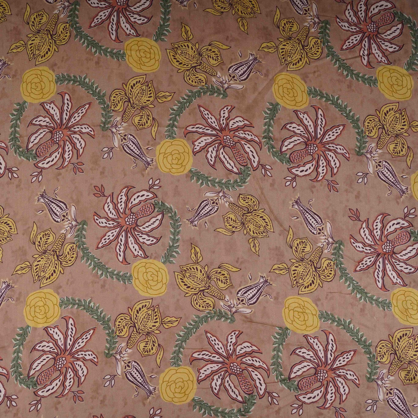 Brown Floral Print Satin Linen Fabric MT-30991