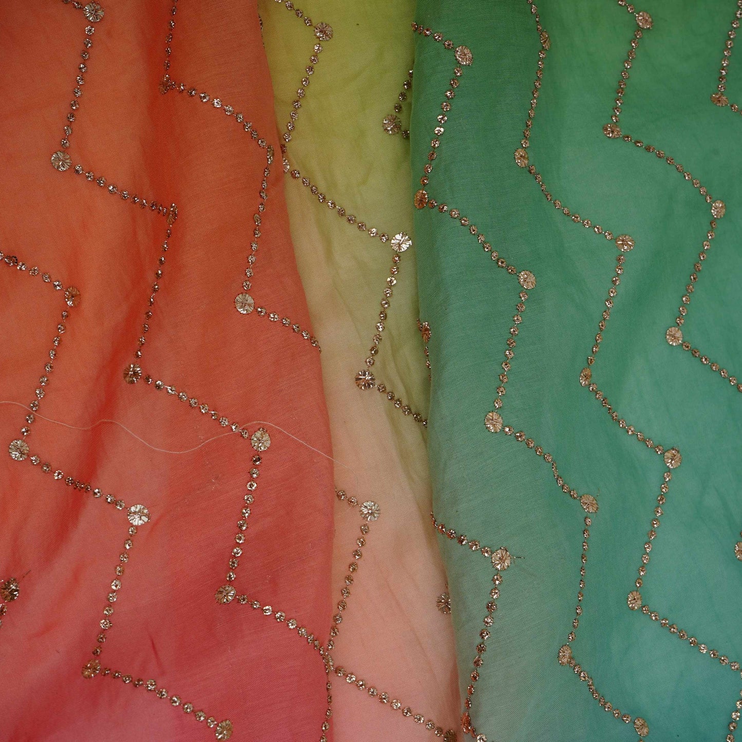 Mint Green with Purple 4D Chevron embroidery Mul Chanderi Fabric VF-32051