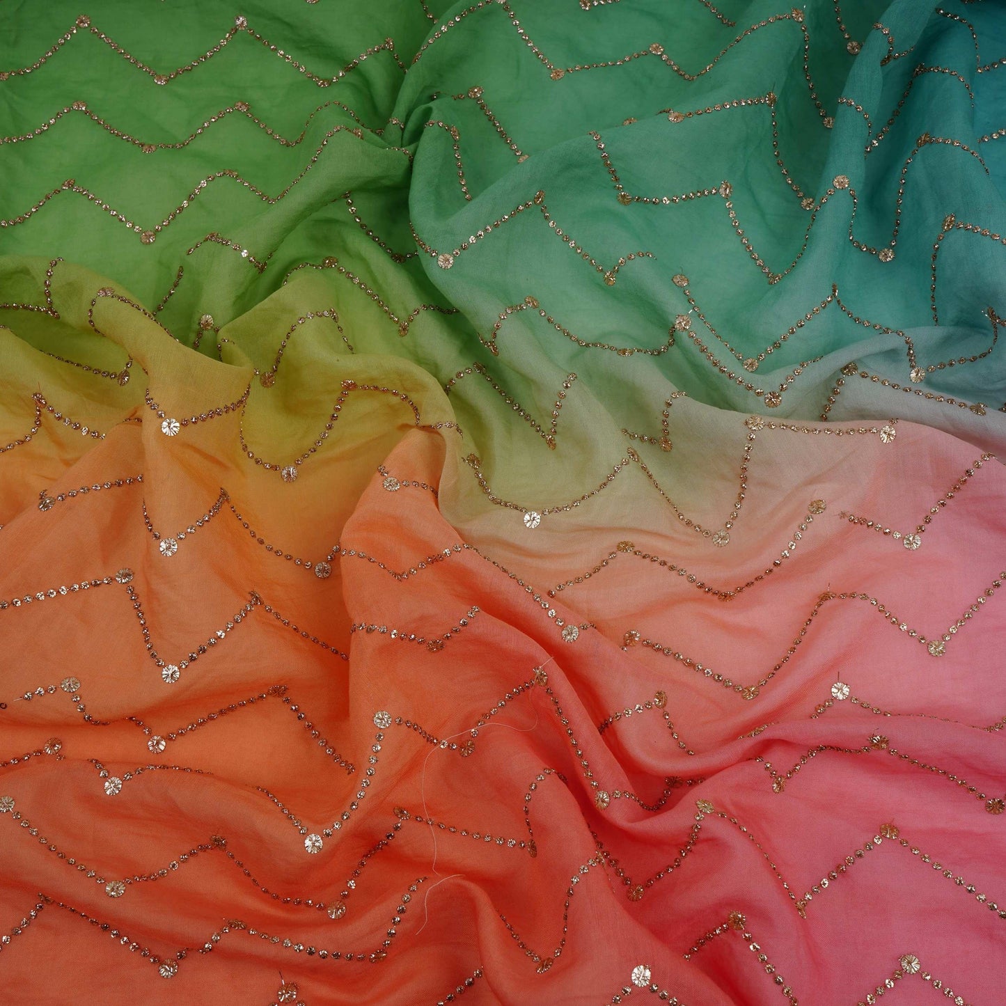 Mint Green with Purple 4D Chevron embroidery Mul Chanderi Fabric VF-32051