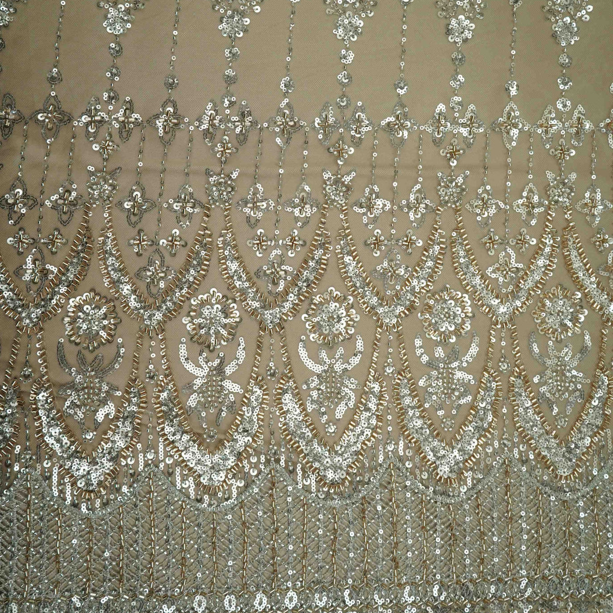 Golden Floral Cutdana Embroidery Imported Net Fabric DV-35428