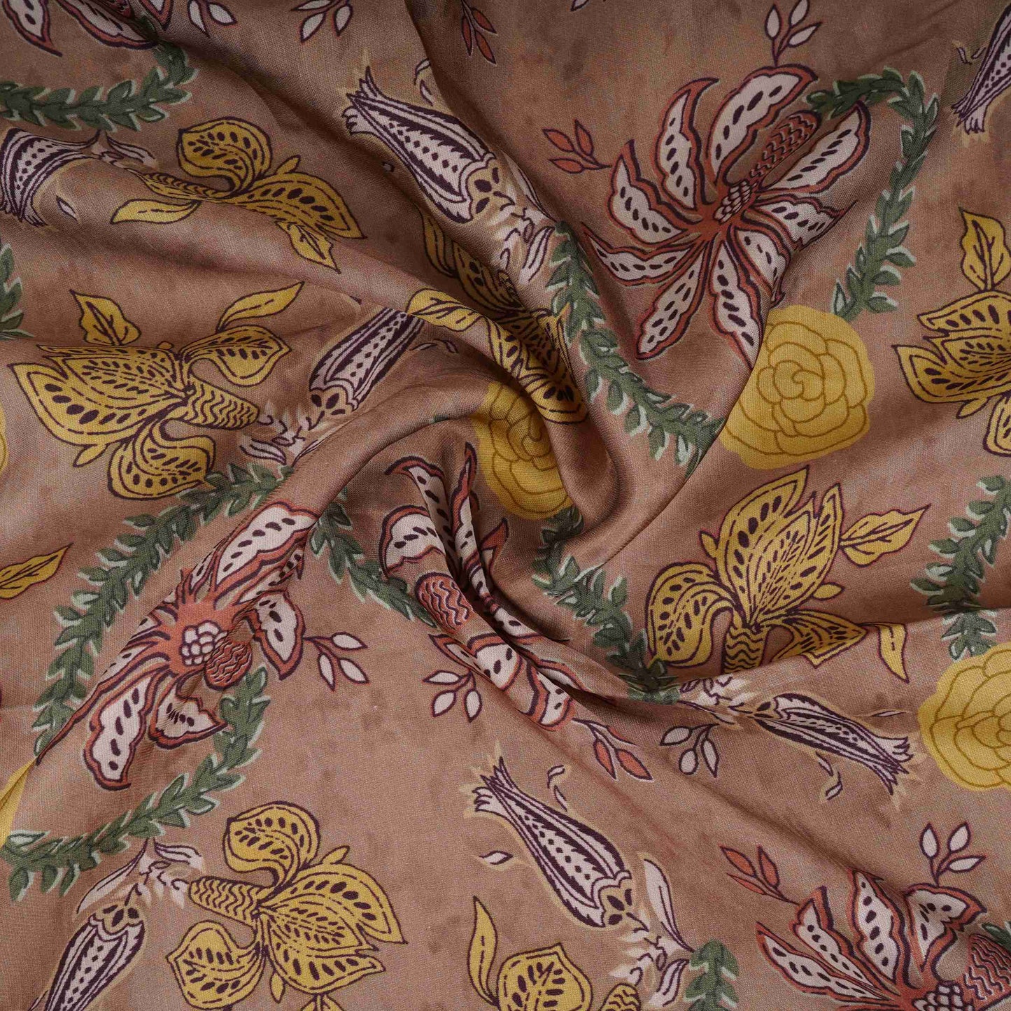 Brown Floral Print Satin Linen Fabric MT-30991