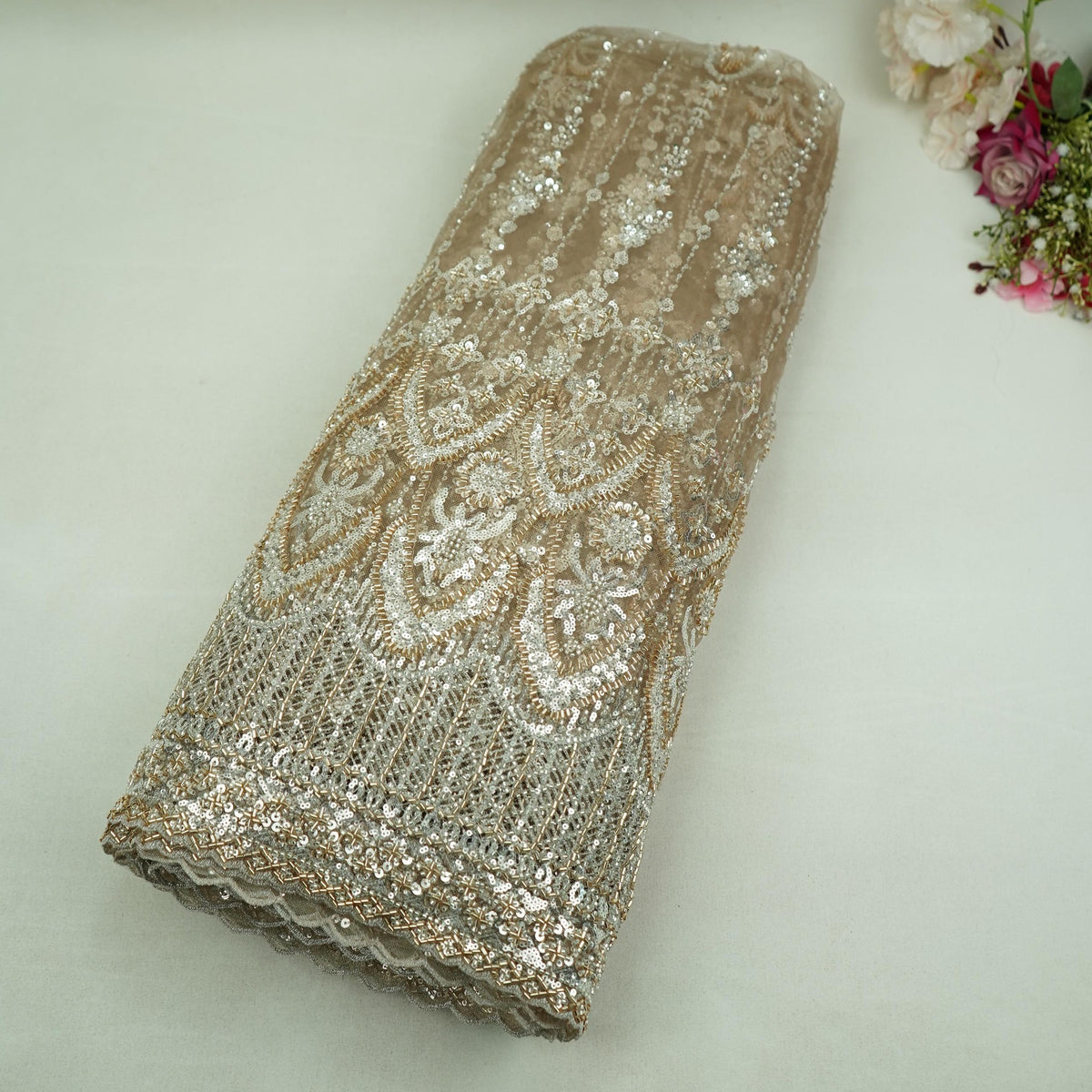 Golden Floral Cutdana Embroidery Imported Net Fabric DV-35428