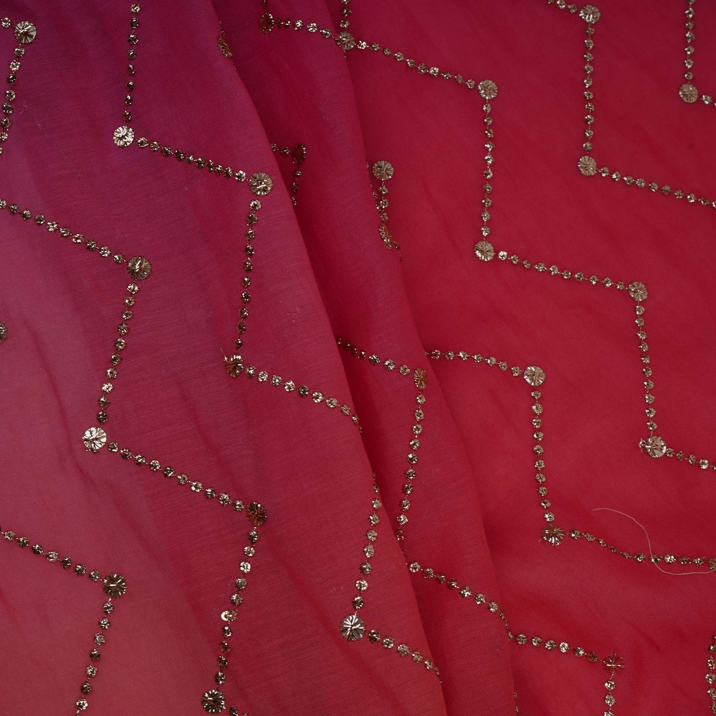 Pink with Peach 4D Chevron embroidery Mul Chanderi Fabric VF-32050