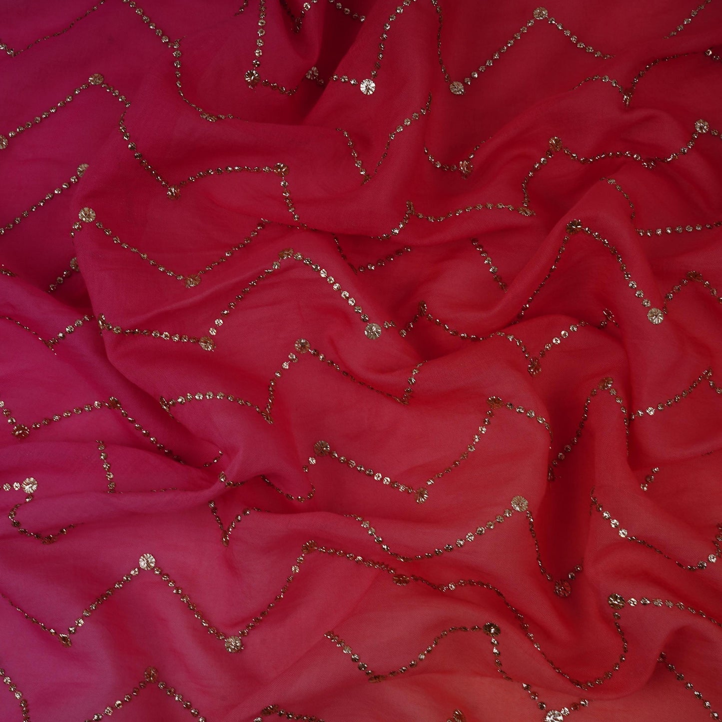 Pink with Peach 4D Chevron embroidery Mul Chanderi Fabric VF-32050