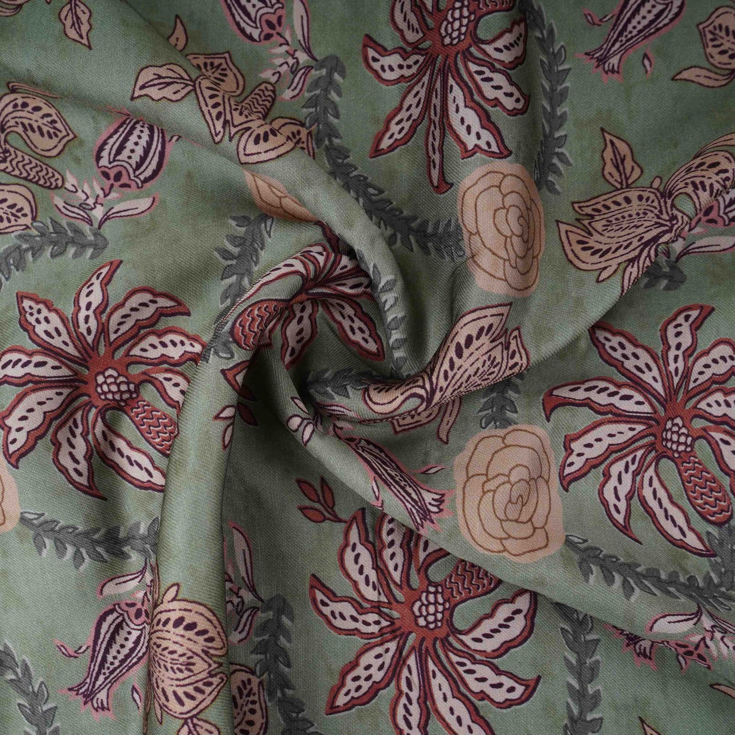 Sage Green Floral Print Satin Linen Fabric MT-30986