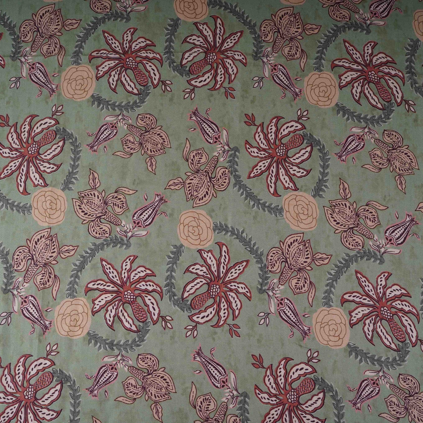 Sage Green Floral Print Satin Linen Fabric MT-30986