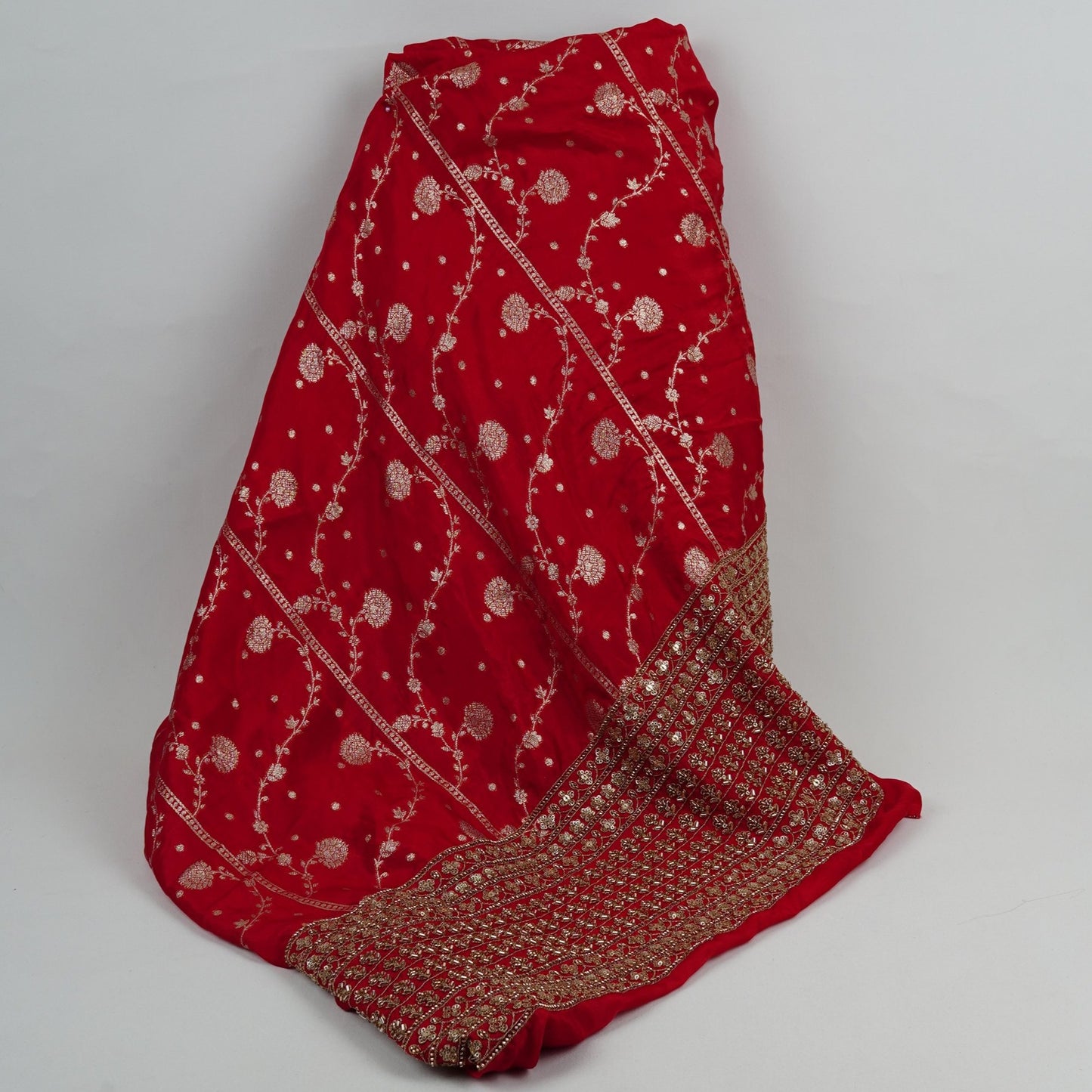 Red cutdana embroidery with jacquard Russian Silk Fabric TF-32053