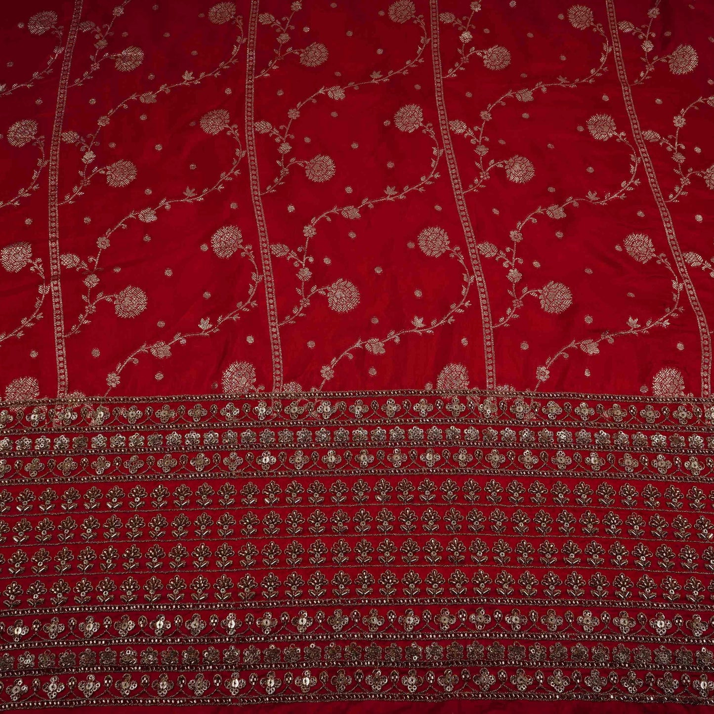 Red cutdana embroidery with jacquard Russian Silk Fabric TF-32053