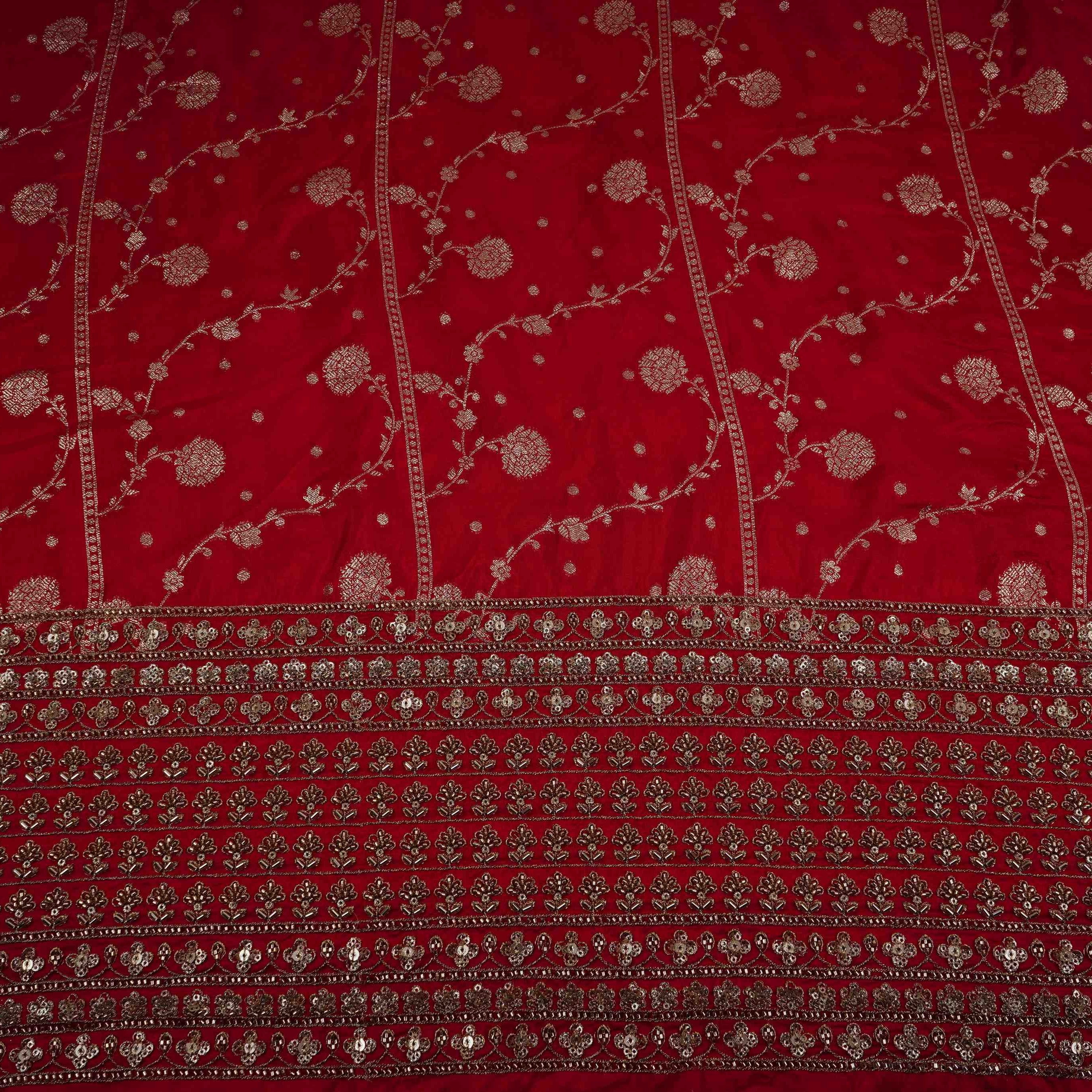 Red cutdana embroidery with jacquard Russian Silk Fabric TF-32053