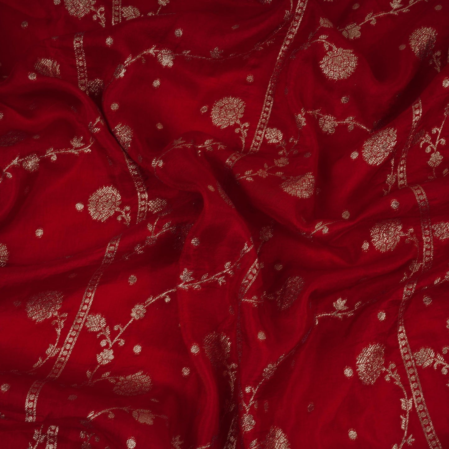 Red cutdana embroidery with jacquard Russian Silk Fabric TF-32053