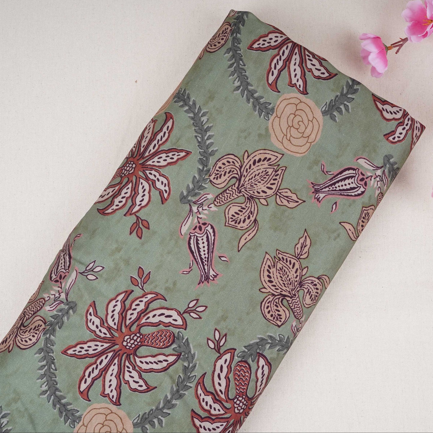 Sage Green Floral Print Satin Linen Fabric MT-30986