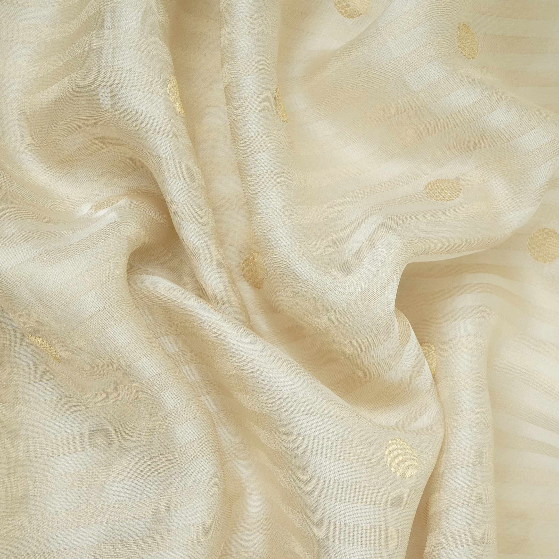 White & Silver Zari Buti Stripes Kanjivaram Silk Fabric MTI-32455 - TradeUNO