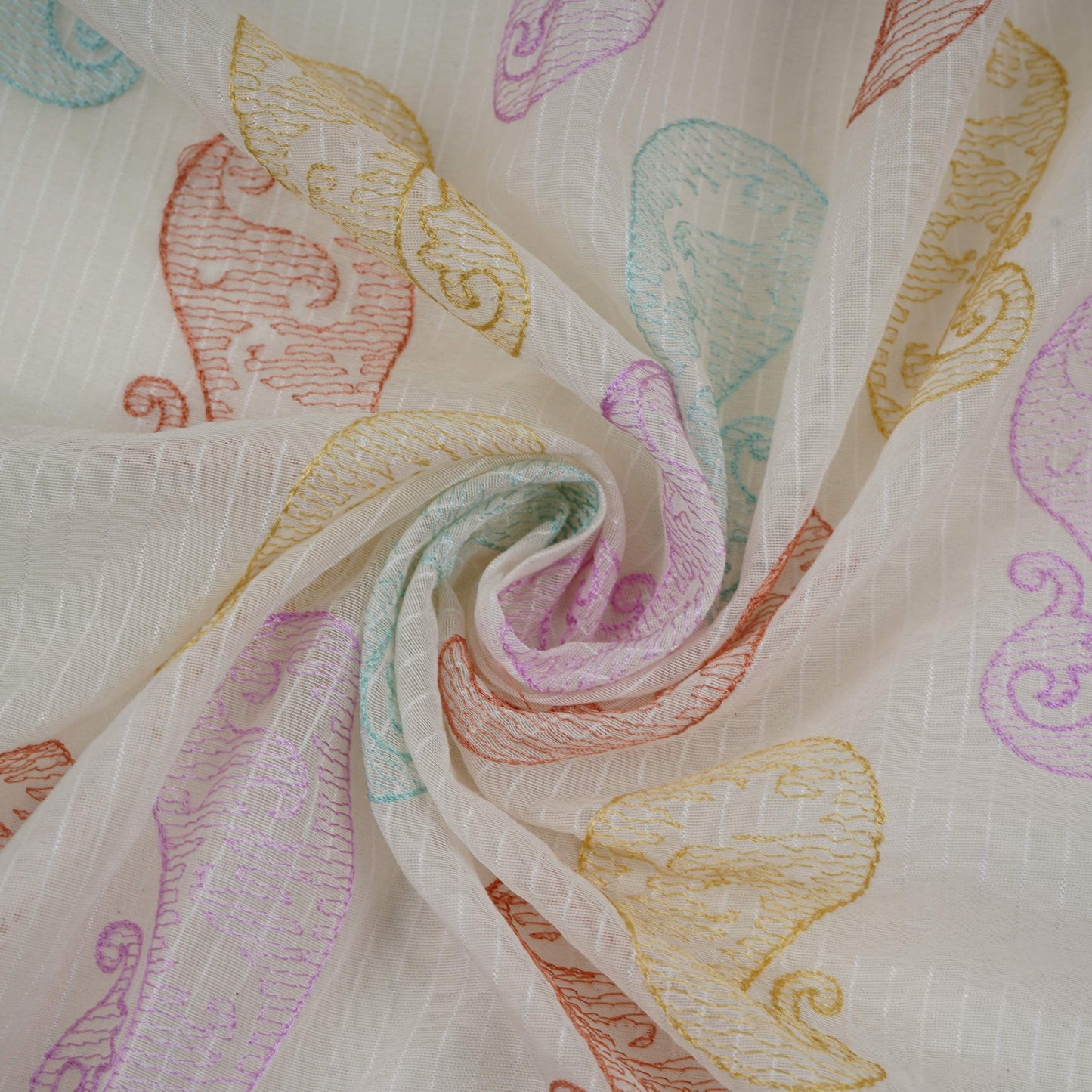 Off White with Multicolor Paisley thread embroidery Mul Chanderi Fabric ACF-32083