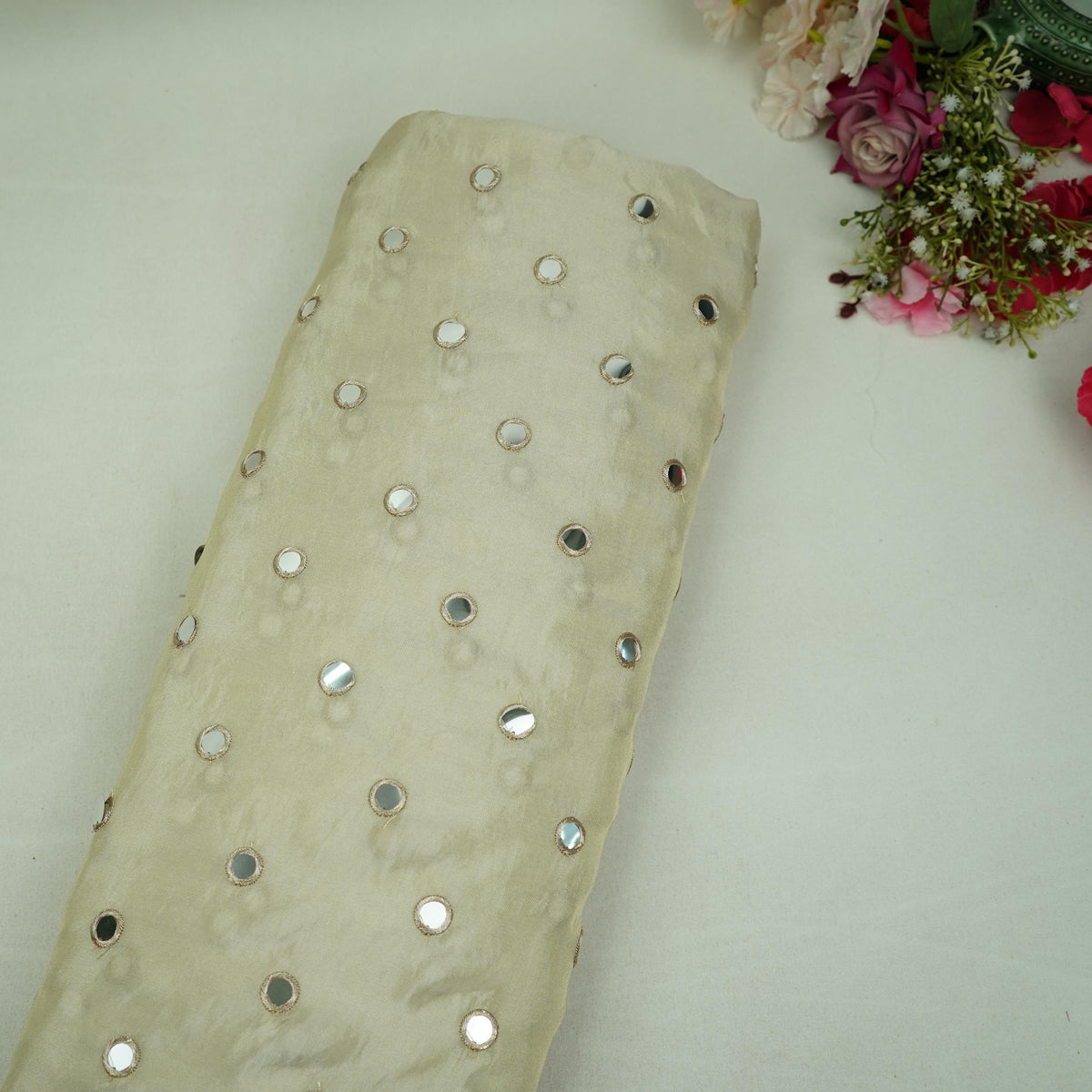 Golden Mirror Embroidery Dyeable Shimmer Tissue Fabric AF-35029