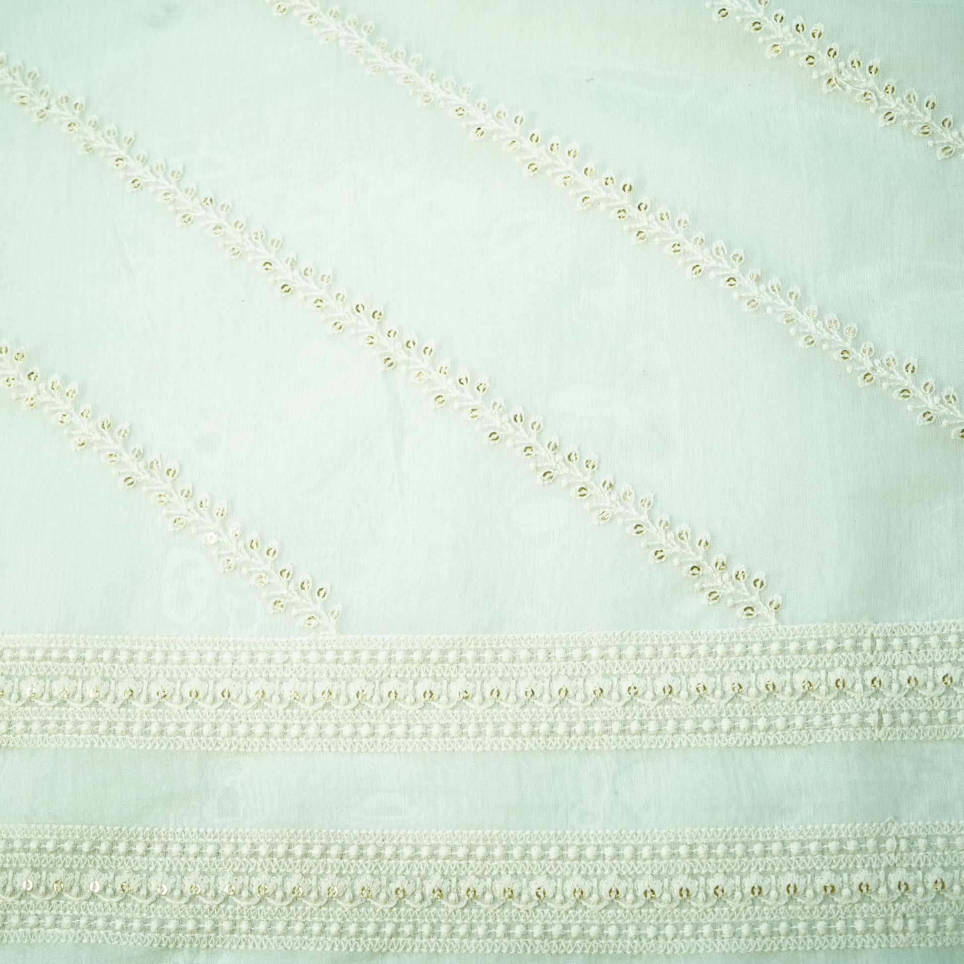 Off White Bail Sequins Border Thread Embroidery Dyeable Chanderi Fabric