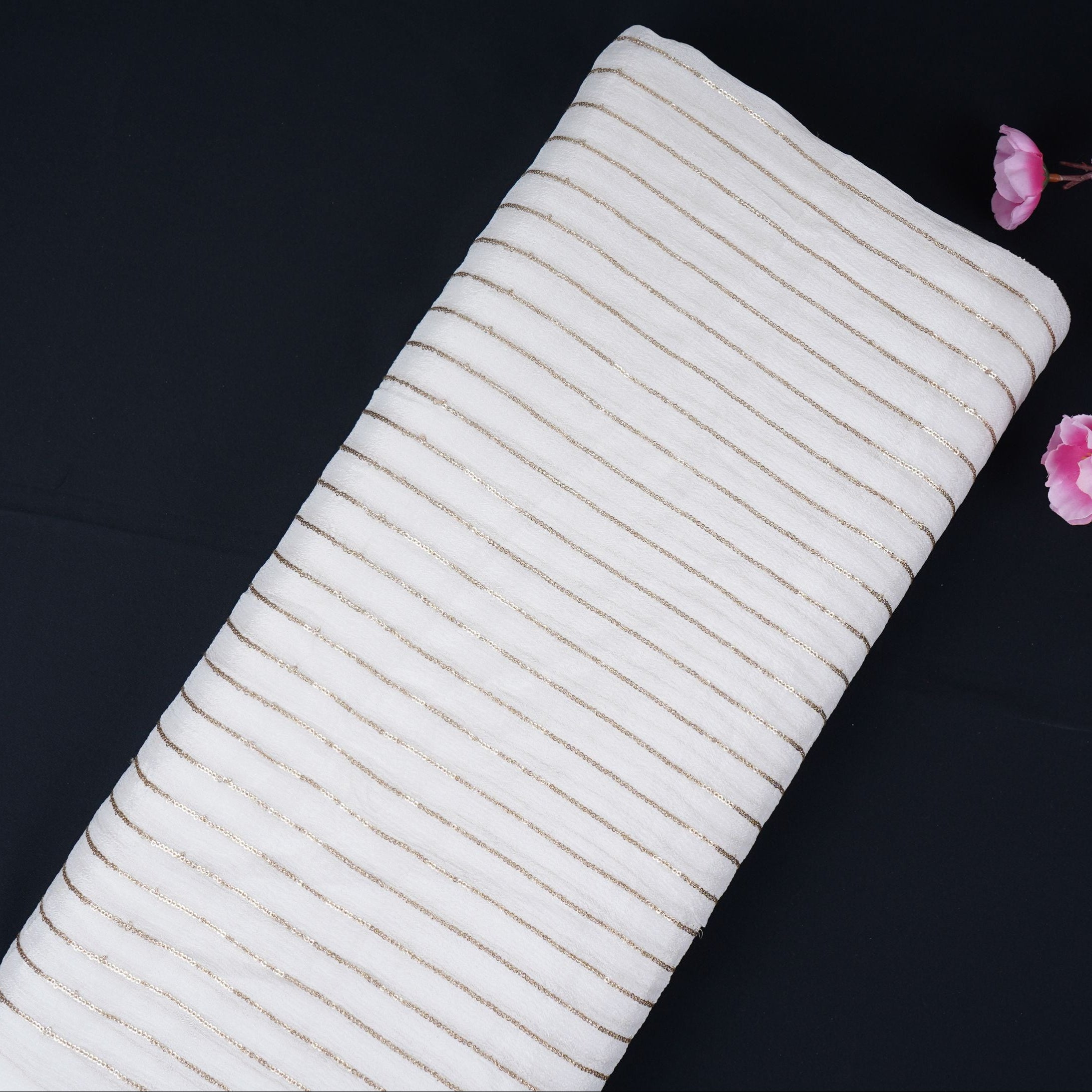 White Zari Sequence Chinnon Fabric STF-30657 - TradeUNO