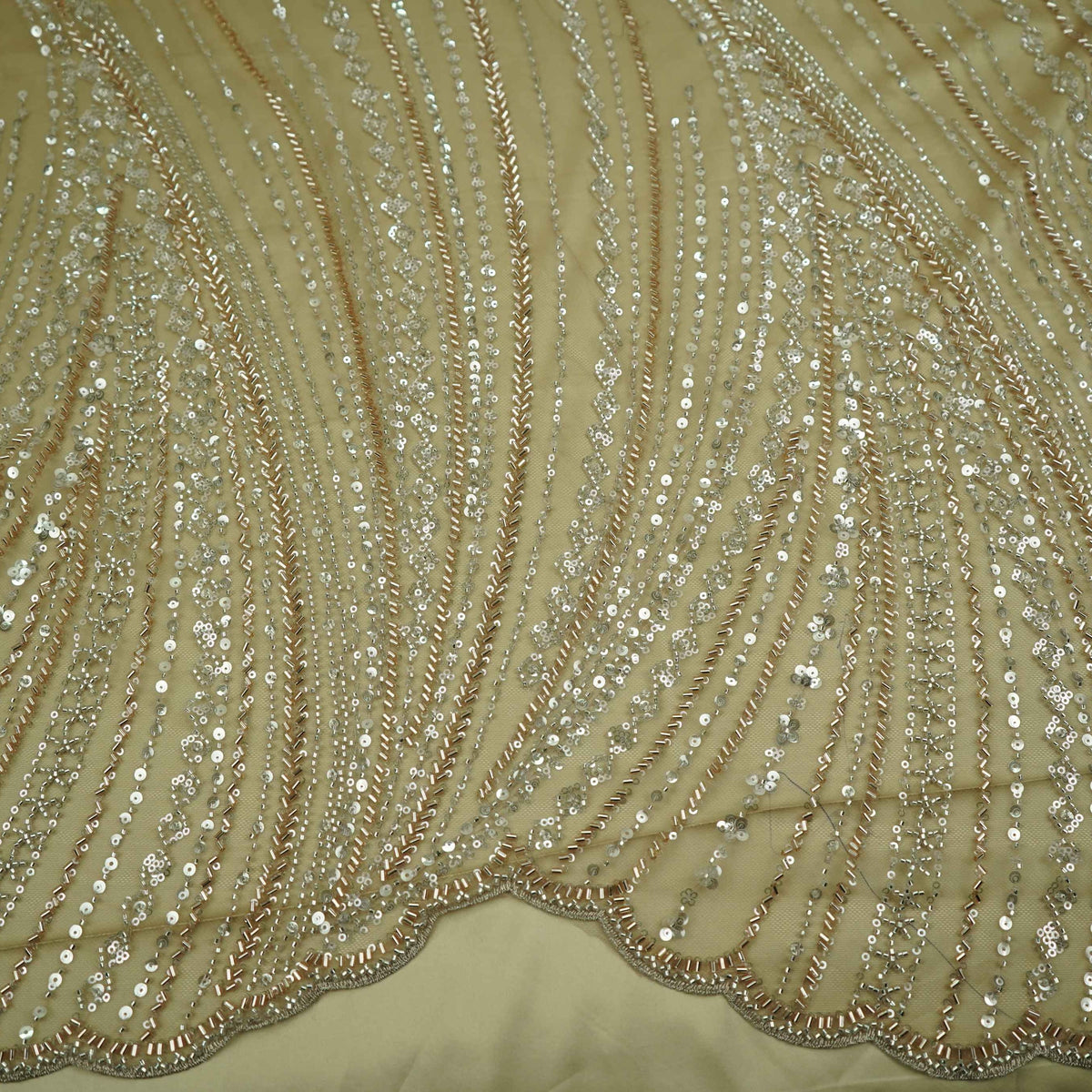 Golden Heavy Cutdana Embroidery Imported Net Fabric DV-35427