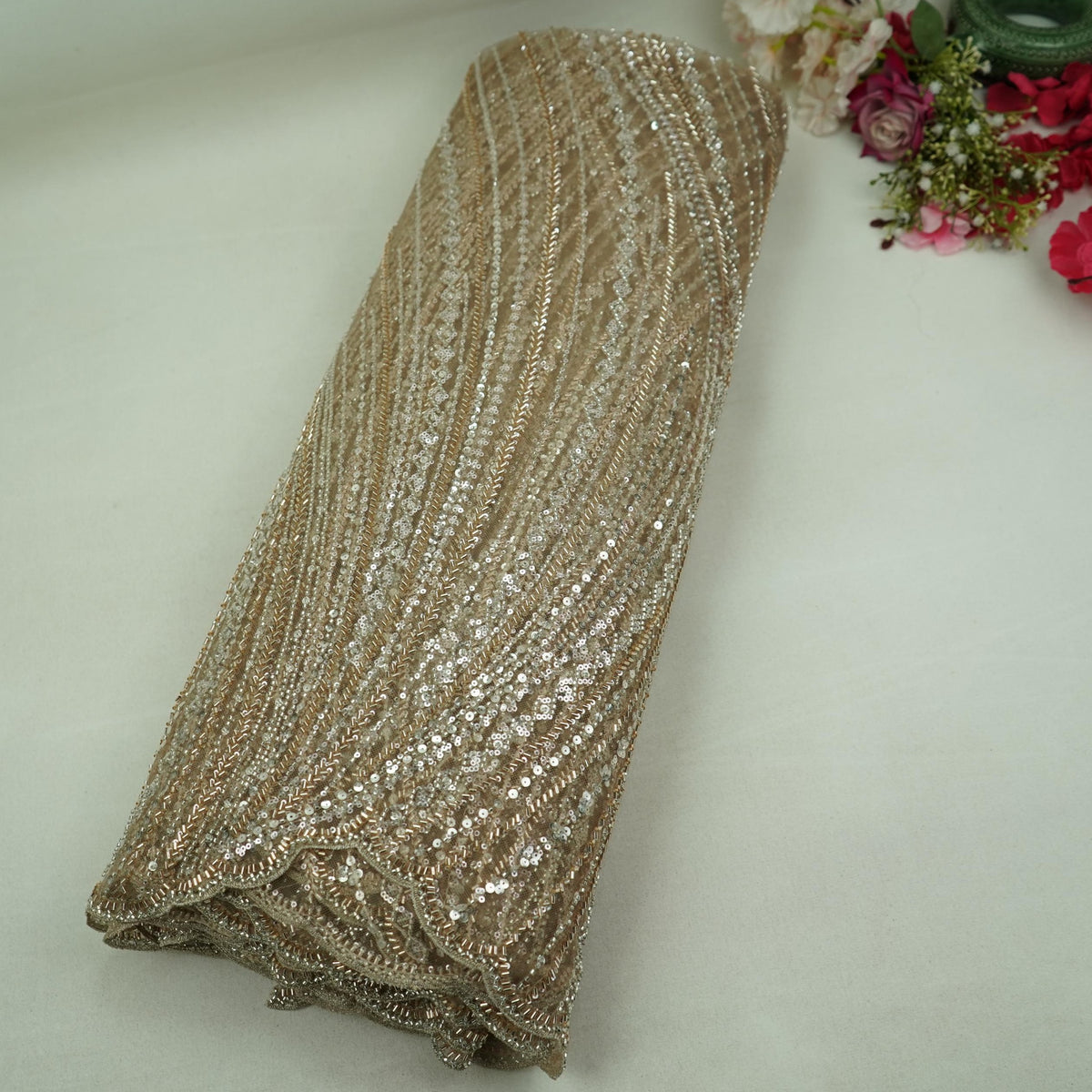 Golden Heavy Cutdana Embroidery Imported Net Fabric DV-35427