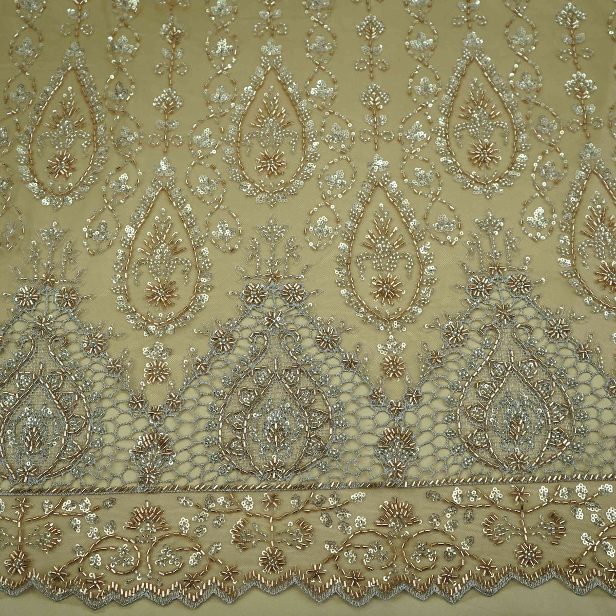 Golden Floral Cutdana Embroidery Imported Net Fabric DV-35424