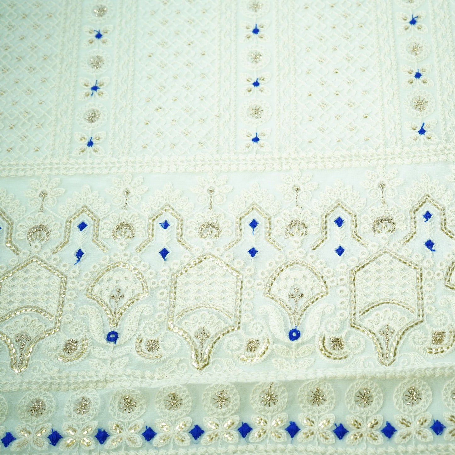 White Blue Thread Sequence Embroidery Dyeable Georgette Fabric