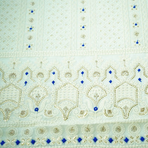 White Blue Thread Sequence Embroidery Dyeable Georgette Fabric
