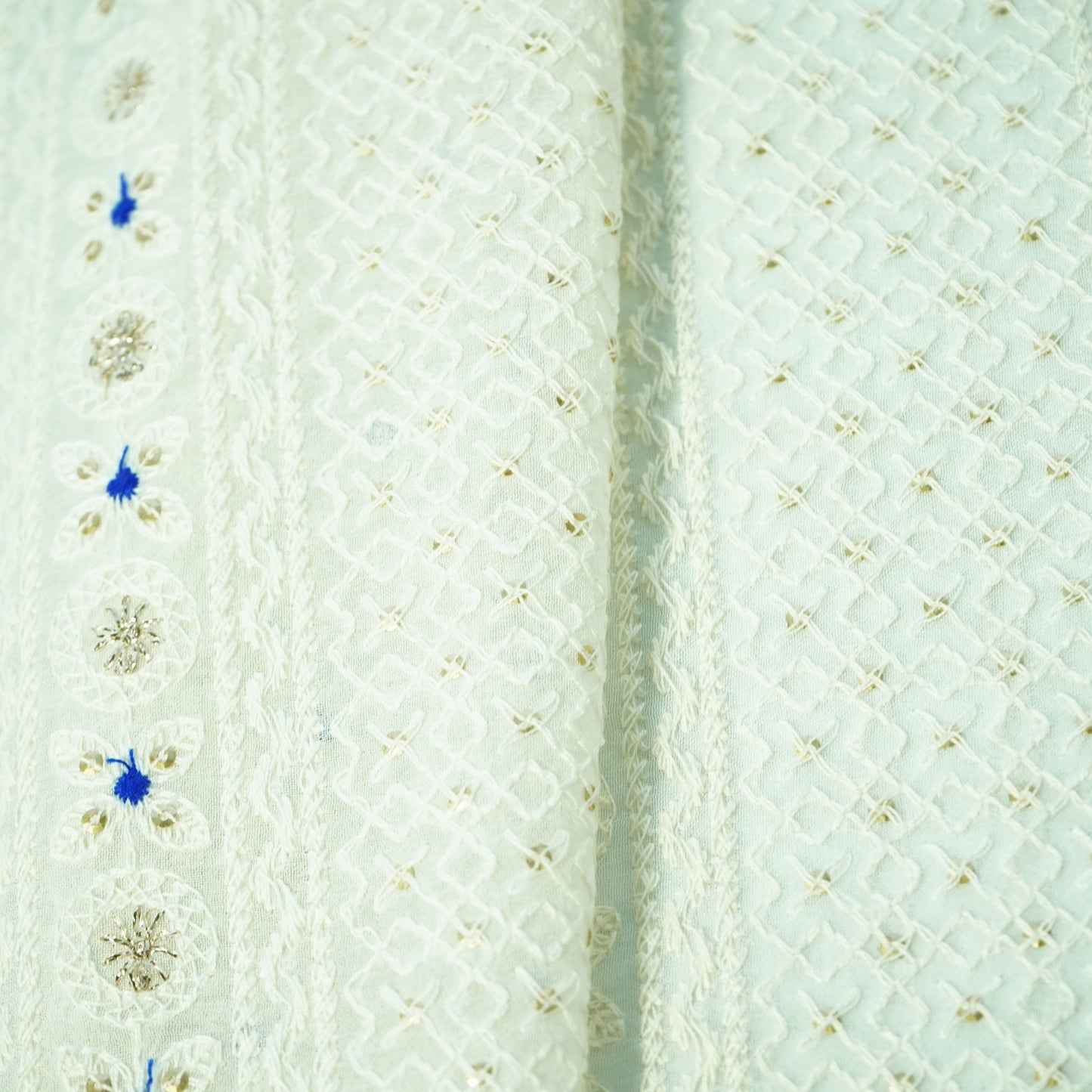 White Blue Thread Sequence Embroidery Dyeable Georgette Fabric